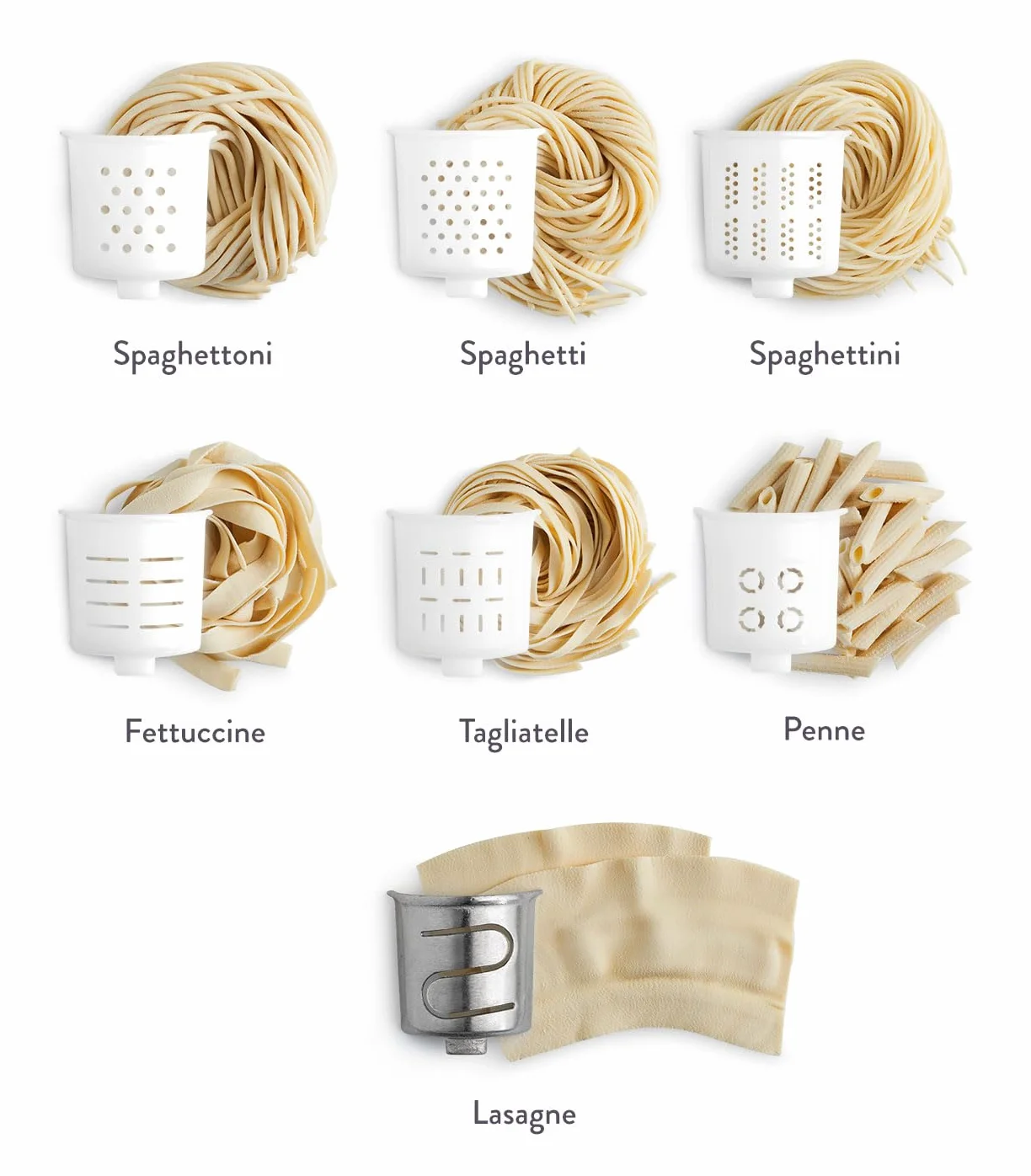 SPRINGLANE Machine à Pâtes Automatique NINA, Balance Intégrée, Appareil à Pâtes Maison, Pasta Maker 180 W, Jusqu'à 600g de Farine, 7 Disques de Forme, 40-60 Tours/Minute