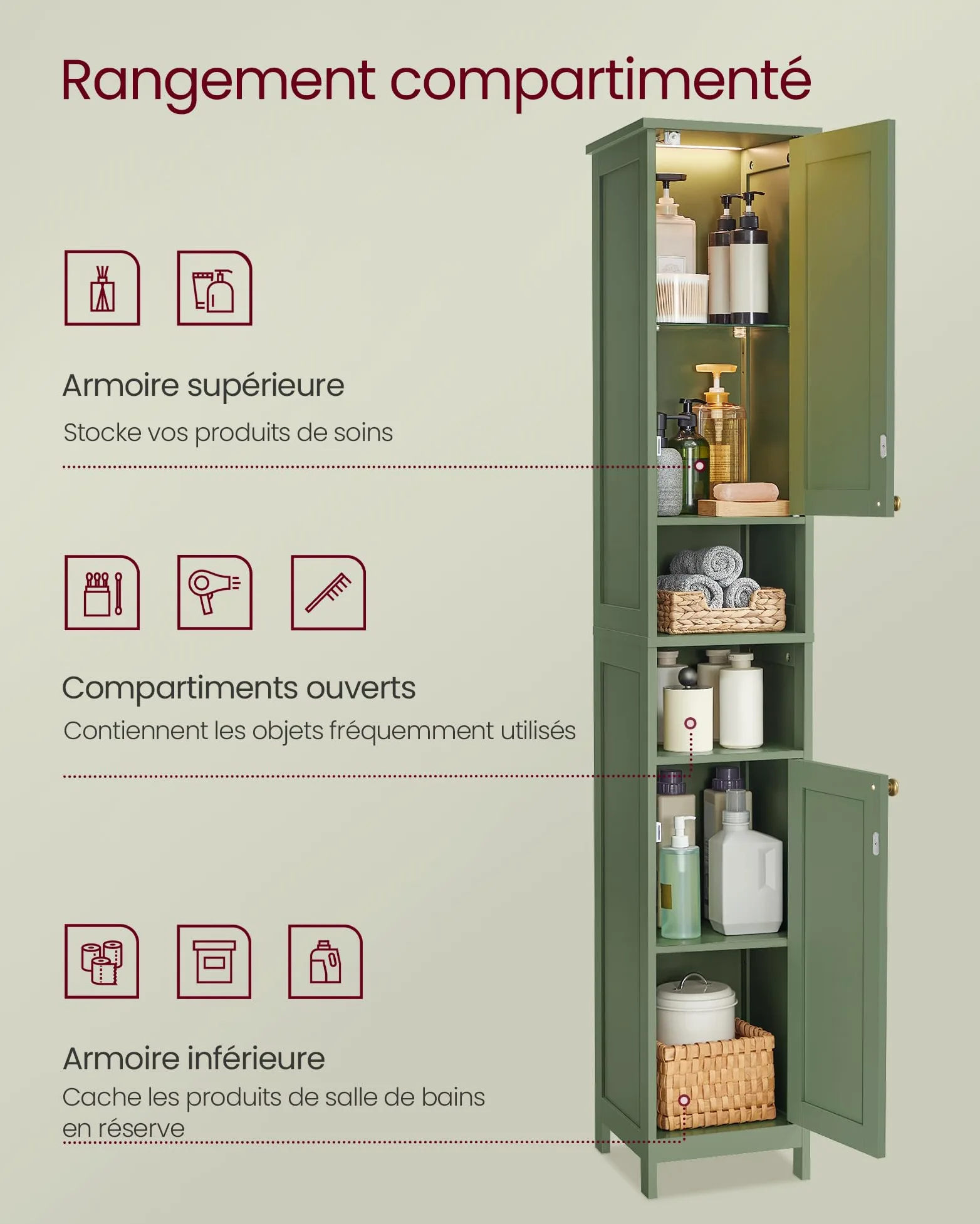 VASAGLE Armoire de Salle de Bain Haute avec Éclairage, Meuble de Rangement Mince, avec Étagères Réglables, Largeur 40 cm, pour Les Petits Espaces, Moderne, Vert Forêt BBC766CH03