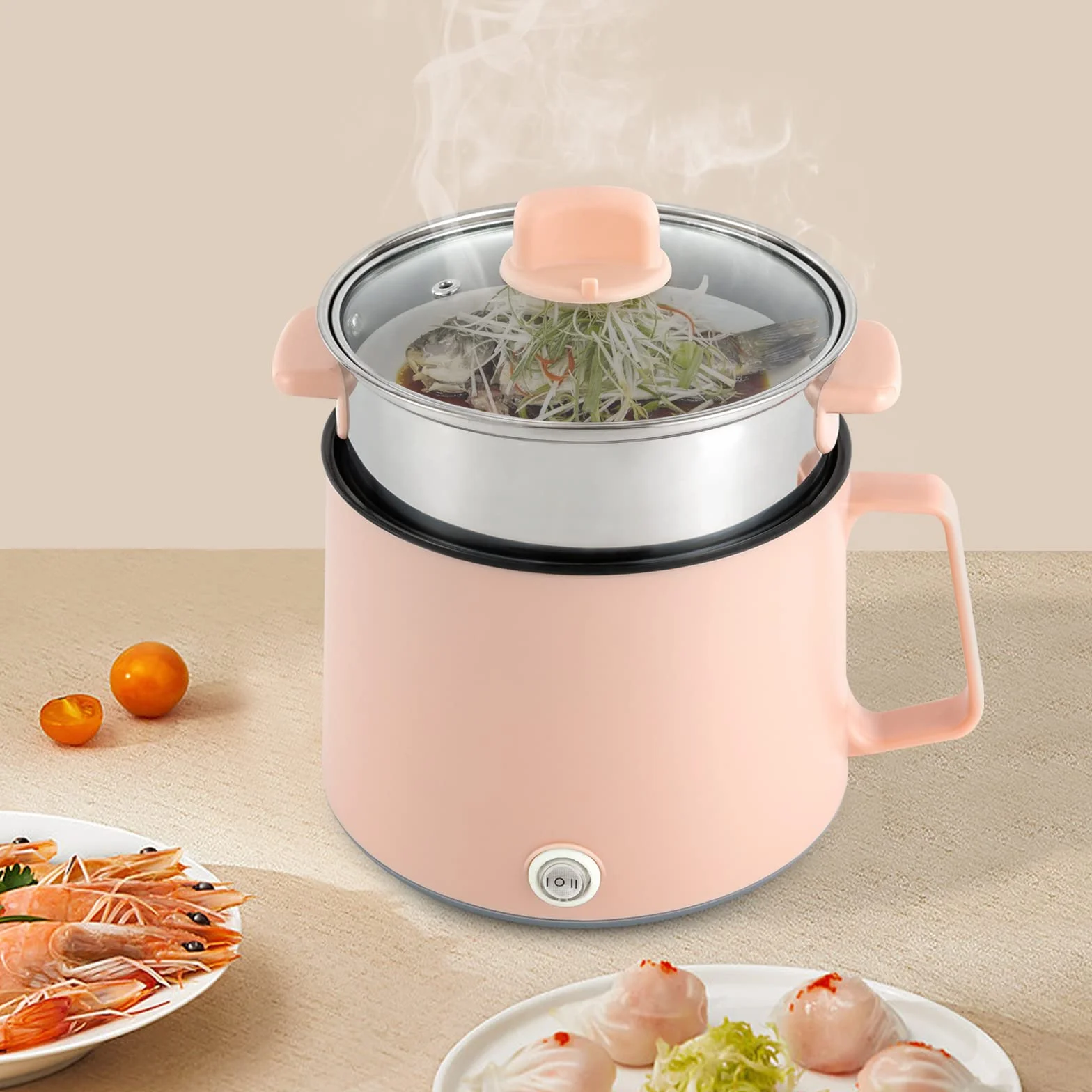 Appareil à Fondue Electrique Portable Thermostat RéGlable Couche Panier Vapeur RevêTement AntiadhéSif PoignéE RéSistante Chaleur Multifonction Fromage Chocolat Hot Pot Fondue (Rose)