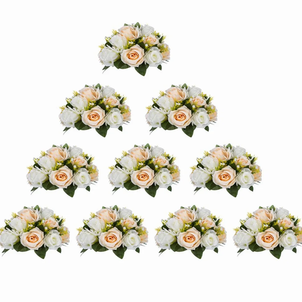 NUPTIO 10 Pièces Fleurs Artificielles, 15 Têtes de Roses Plastique avec Base, Convient au Centre de la Table Mariage Notre Magasin pour Les Fêtes Décoration de Saint Valentin(Champagne&Blanc)