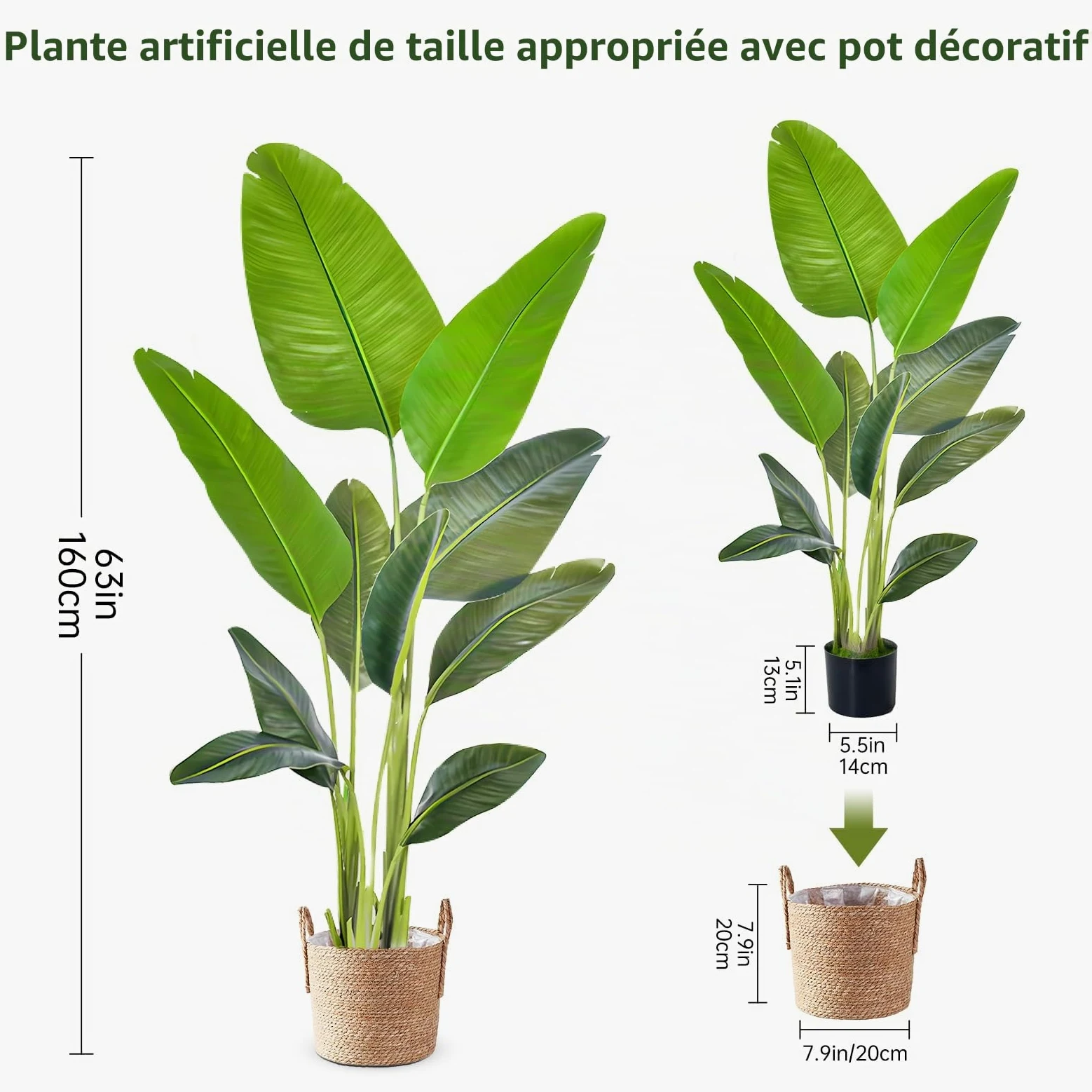 Grande plante artificielle 160 cm - Oiseau de paradis artificiel en pot - Fausses plantes - Plantes artificielles - Arbre artificiel - Palmier artificiel - Plante d'intérieur comme naturelle pour la