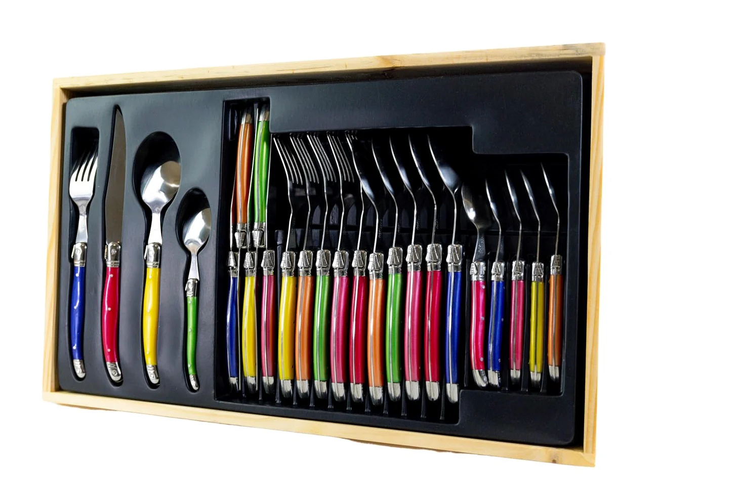 Pradel Excellence - I7214P - Ménagère Laguiole 24 Pièces - 6 Couteaux, 6 Fourchettes, 6 Cuillères à Soupe, 6 Cuillères à Café - Lames Inox - Manches ABS Pastel - Coffret Bois Élégant