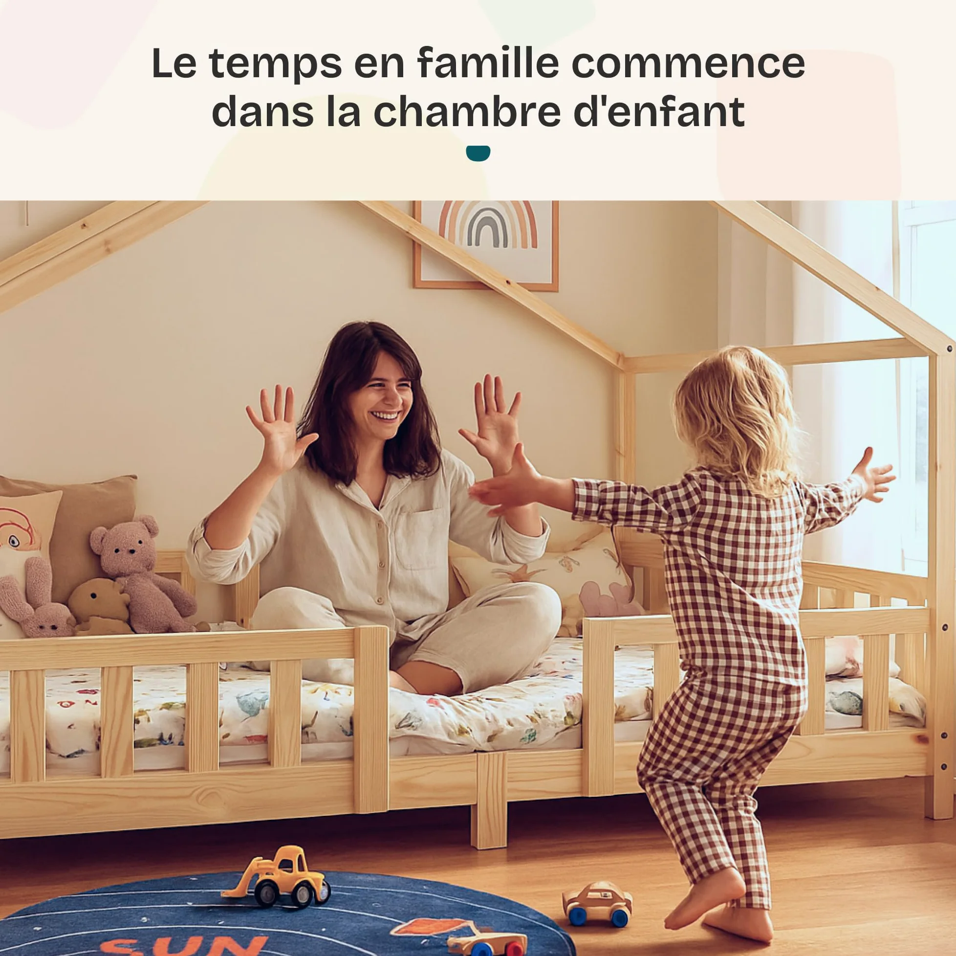 [en.casa] Lit d'enfant Cabane Treviolo 70 x 140 cm Lit Montessori en Forme de Maison avec Barrière et Sommier à Lattes Solide Style Scandinave Capacité de Charge 70 kg Bois de Pin Naturel