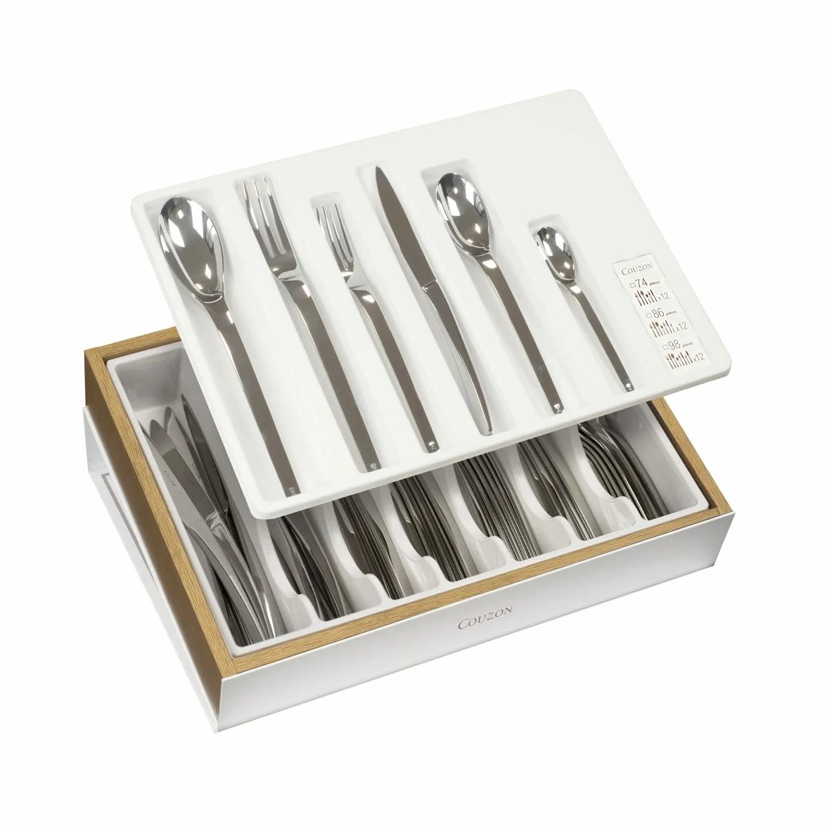 COUZON - Ménagère 50 couverts de table en coffre bois pour 12 personnes - J'aiGoûté - Acier inoxydable 18/10, Finition Miroir, Epaisseur 4 mm - Inox