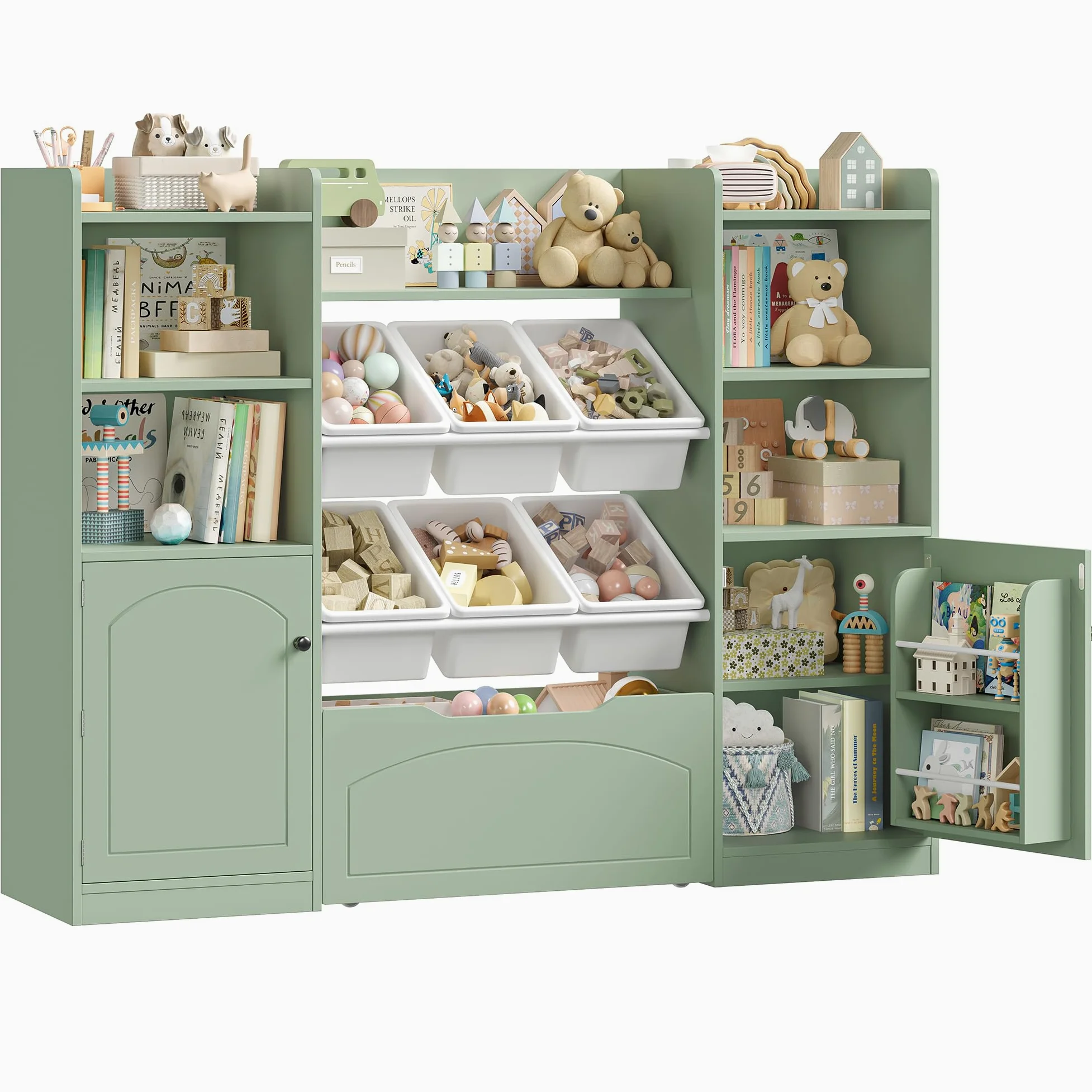 FOREHILL Meuble Rangement Enfant Bibliothèque Enfant avec 15 Étagères 6 Boîtes Amovibles 1 Tiroirs Roulants 2 Portes Rangement Jouet pour Chambre d'enfants Salle de Jeu 140x33x108.2cm Vert
