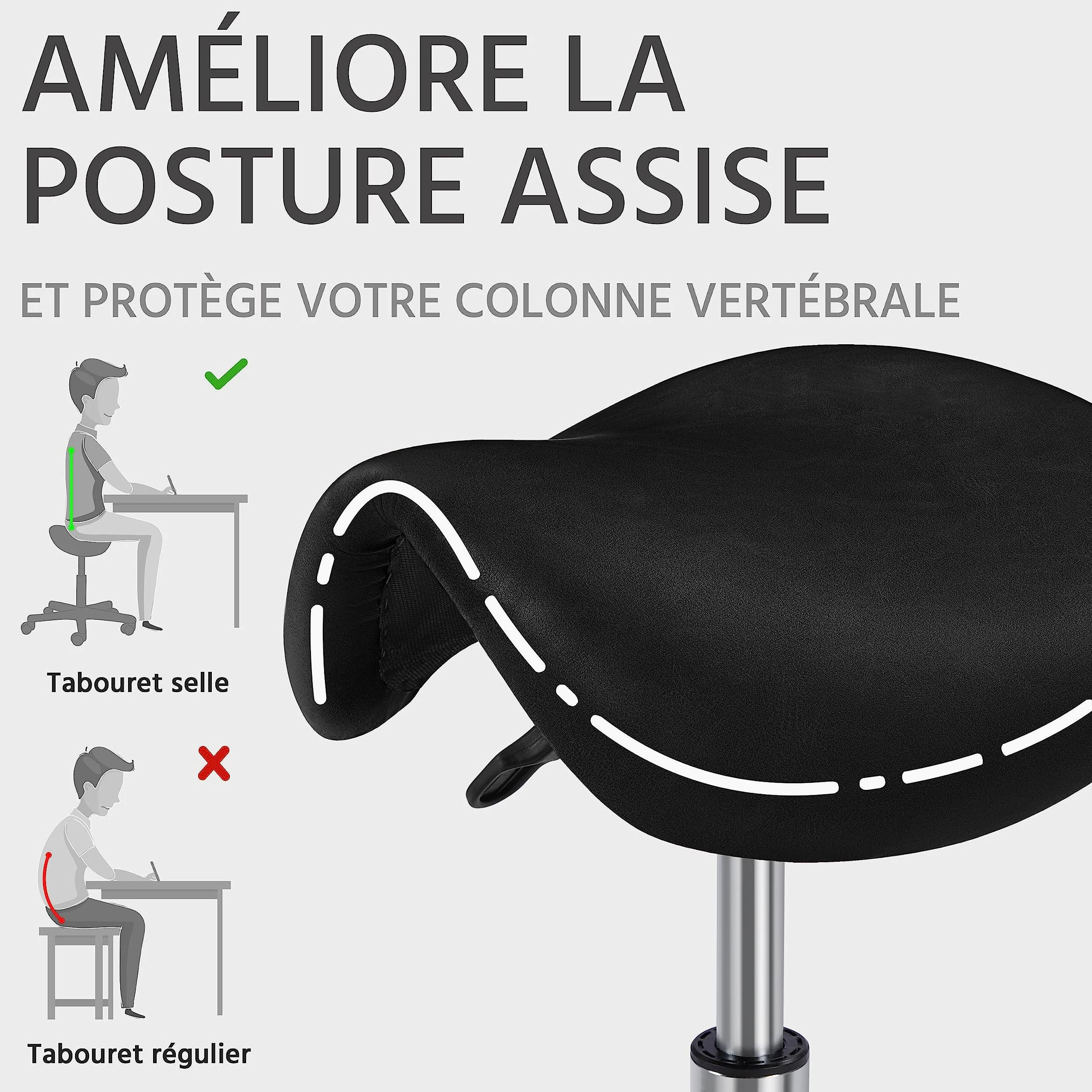 Yaheetech Tabouret roulettes Professionnel PU Tabouret Ergonomique Selle De Cheval Anti Mal De Dos à roulettes Pivotantes Hauteur Réglable 45,5-60 cm Noir