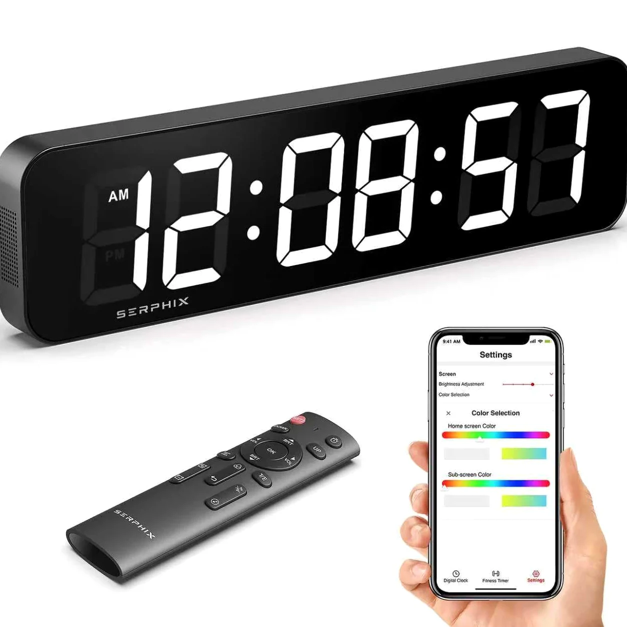 Grande horloge murale numérique de 38,6 cm, couleur RVB personnalisable, application et télécommande, horloge LED à 6 chiffres avec secondes, alarme, compte à rebours, chronomètre, horloge pour la
