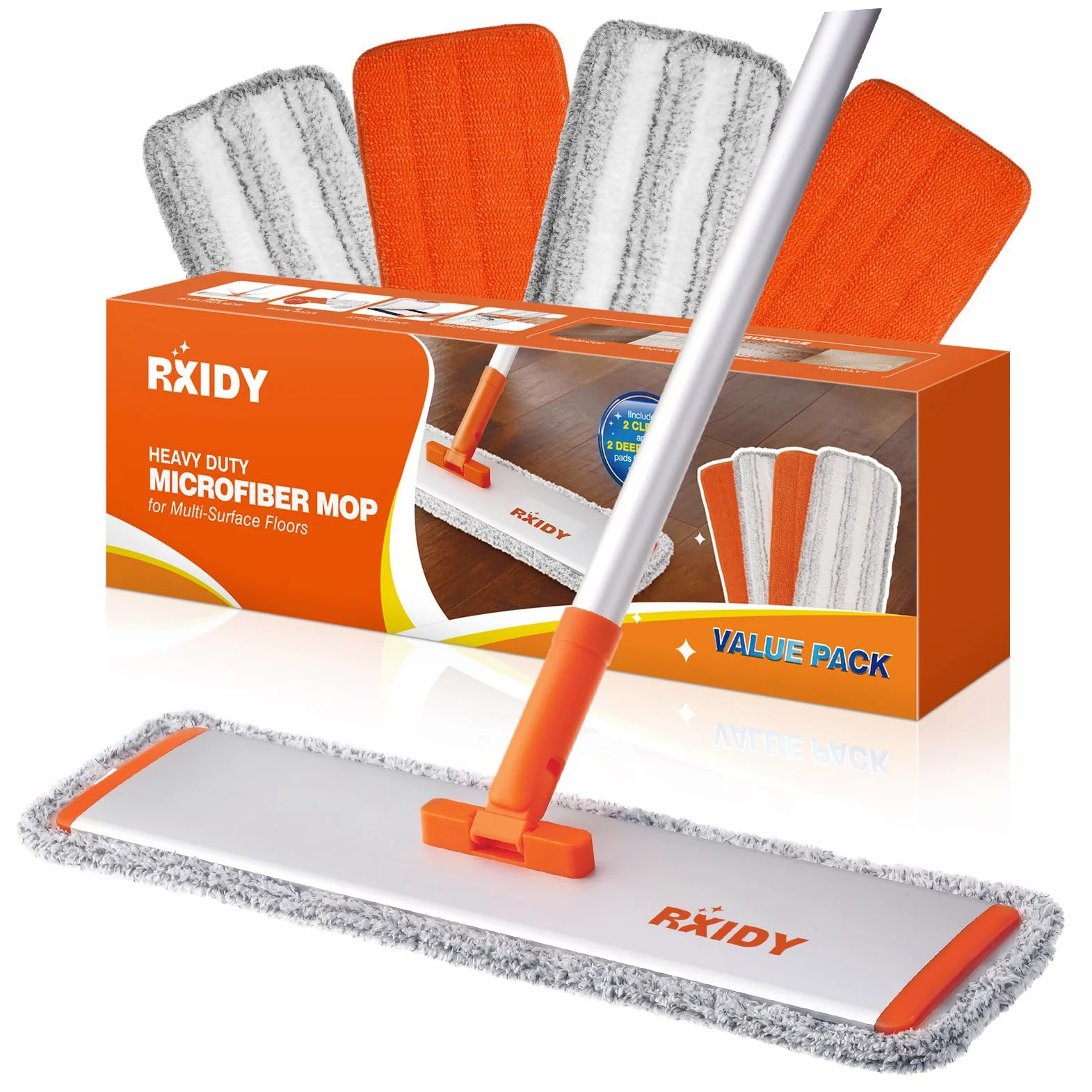 Balai Serpillère Professionnel Balais Nettoyer Sol avec 4 Tampons Lavables Réutilisables Serpillere Balai pour Le Bois Dur, Le Stratifié, Le Bois
