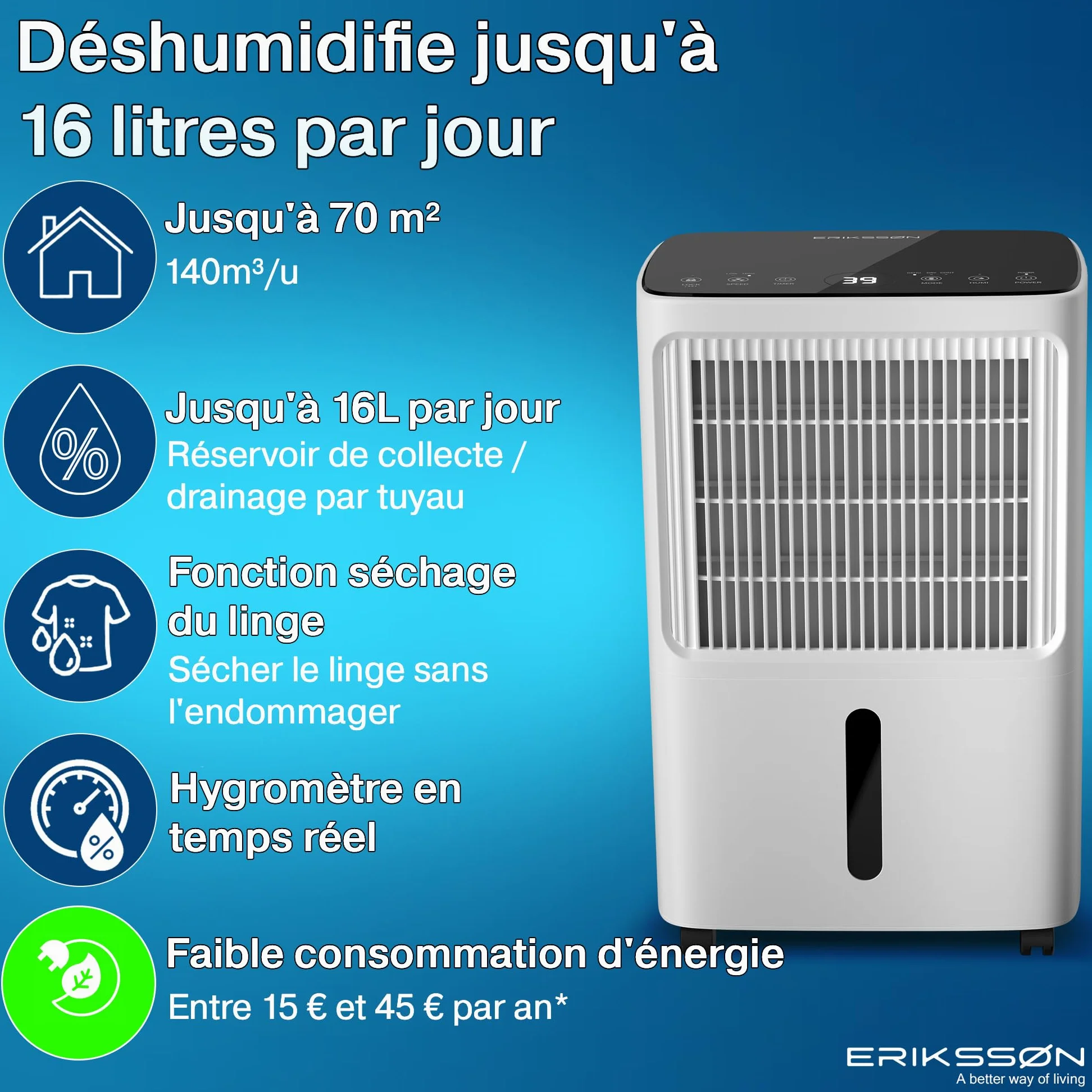 Déshumidificateur avec affichage LED, minuterie et sécurité enfant | Élimine 16 L d'humidité par 24 h | Pour une pièce d'environ 70 m² (140 m³) | écoénergétique avec capteur d'humidité