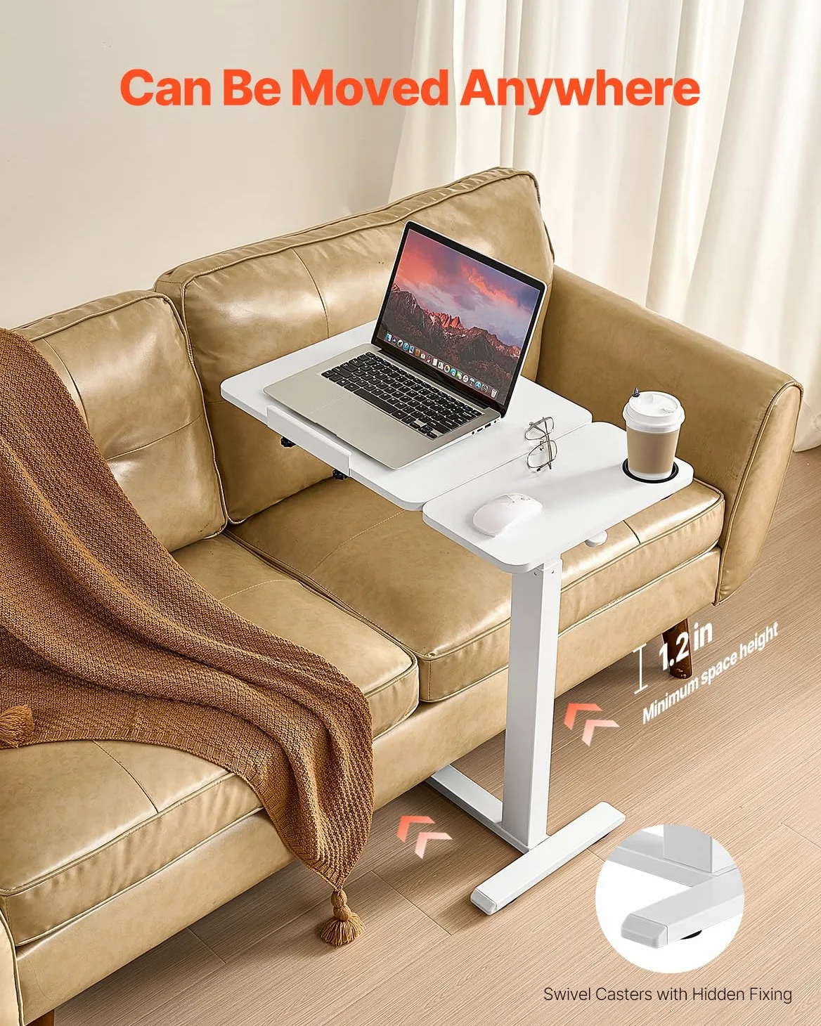 VEVOR Table de lit mobile, table d'appoint avec plateau rabattable et 4 roulettes dissimulées, bureau d'ordinateur portable réglable en hauteur avec porte-gobelet, pour maison, bureau et études, blanc