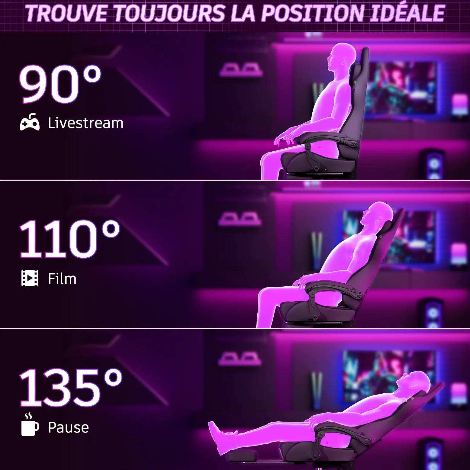 Soontrans Chaise Gaming Fauteuil Gaming avec Massage Lombaire Siege Gaming avec Repose-Pieds Rétractable et Oreiller Dossier Inclinable à 135 Charge 150 kg (Cuir Gris)