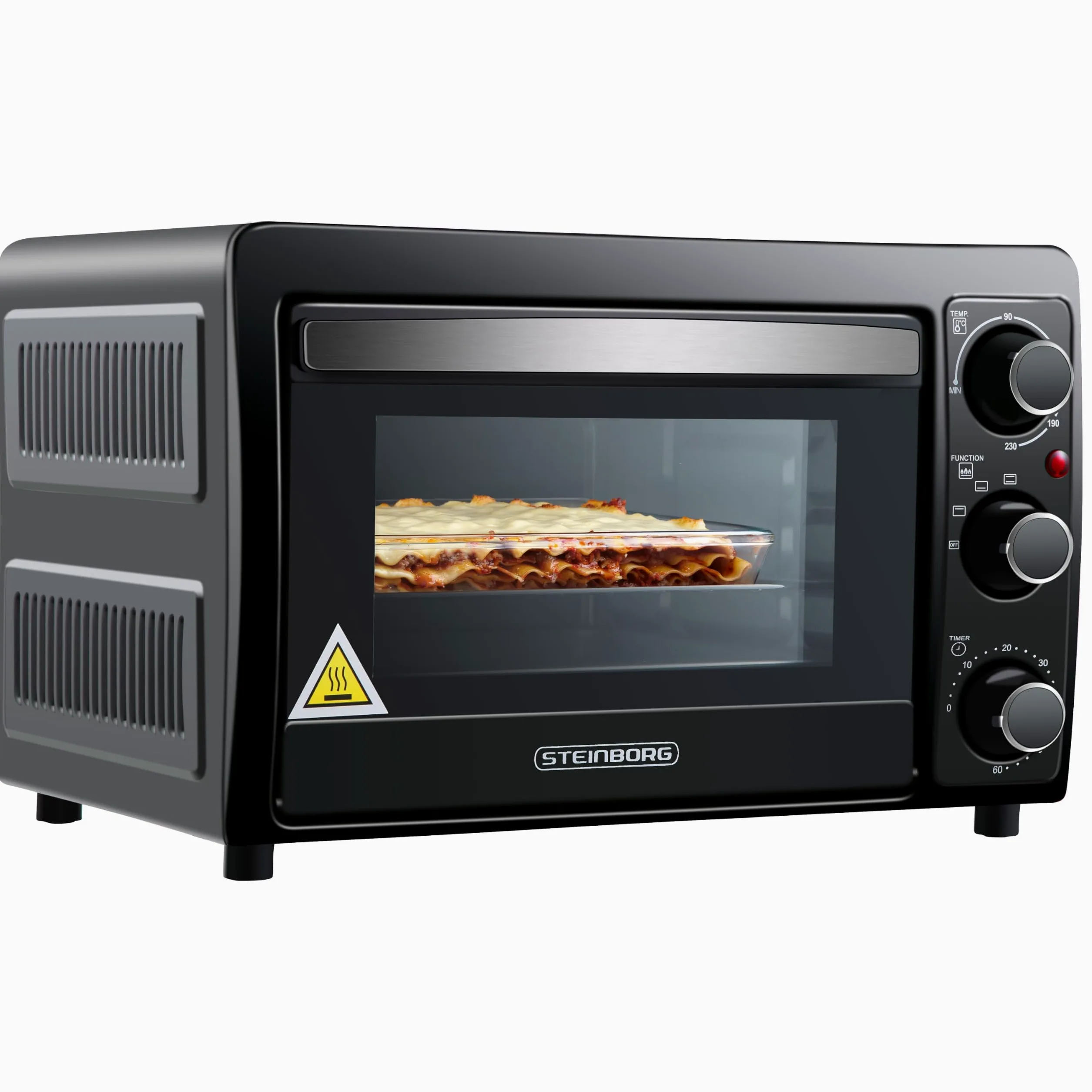 STEInBORG Mini four à pizza, 15 l, 3 en 1, mini four, plaque ramasse-miettes, chaleur de voûte et de sole, économe en énergie, minuterie 60 min