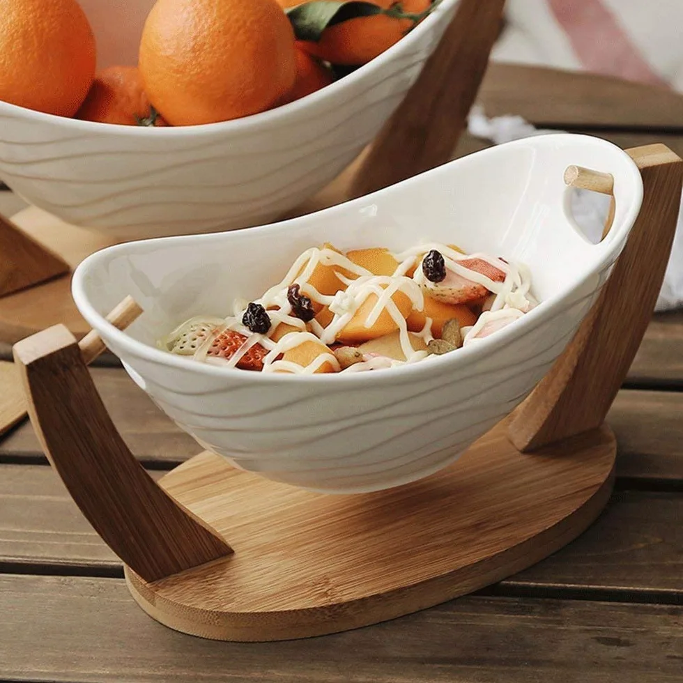 Créatif Bol De Fruits avec Support en Bambou, Berceau Saladier Bol à Collation Aux Fruits Vaisselle en Céramique Blanc,White-32cm(12.8inch)