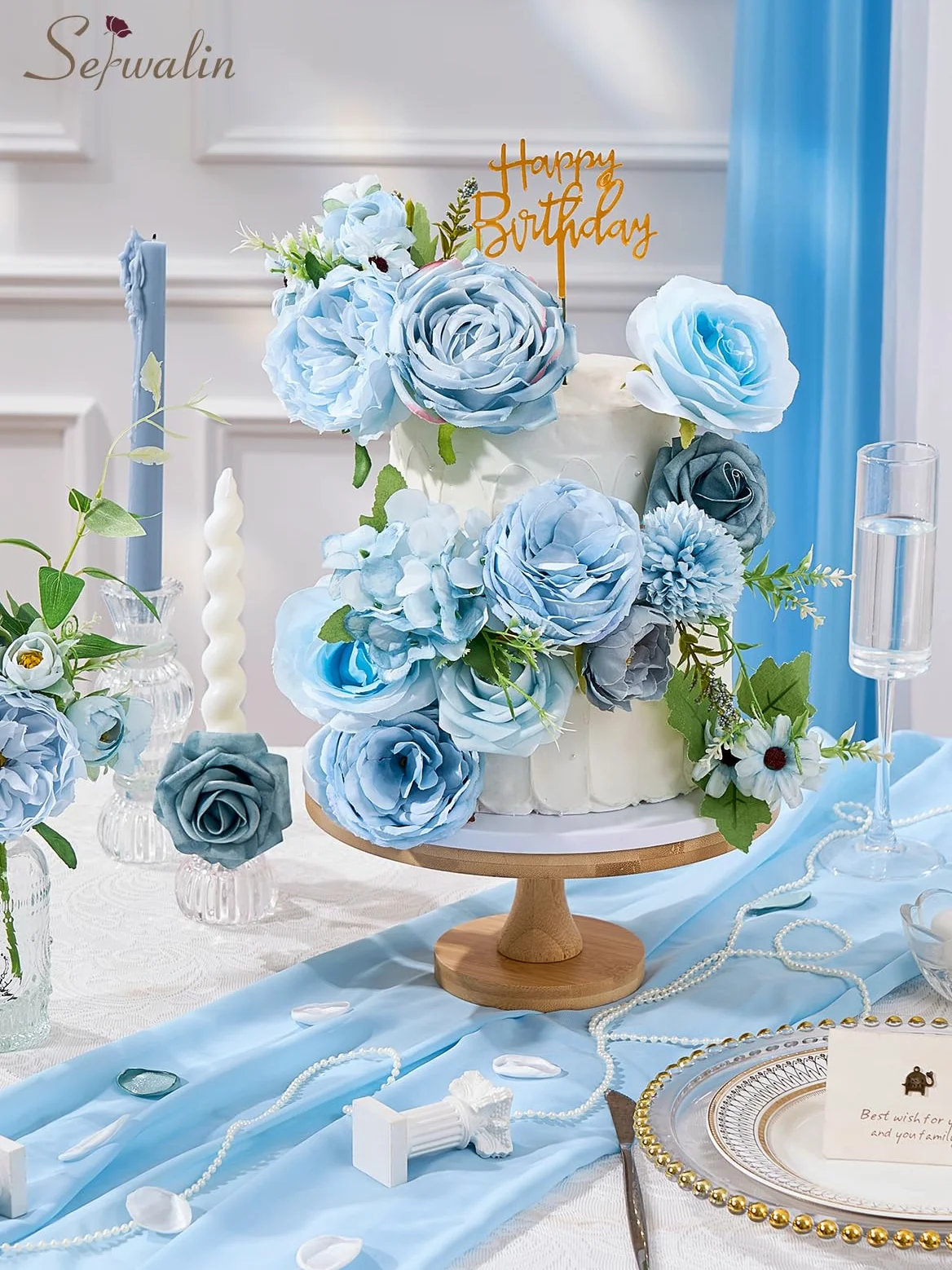 Serwalin Fleurs artificielles bleues en soie