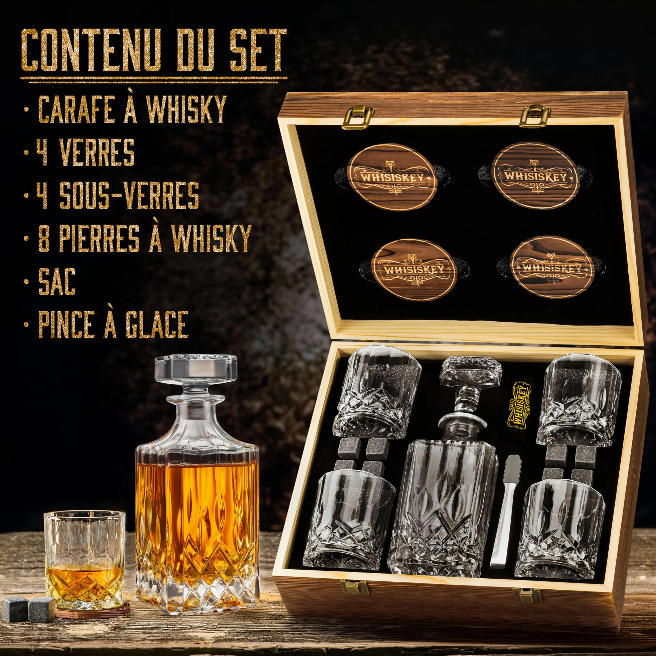 WHISISKEY Ensemble Carafe à Whisky - Coffret Cadeau à Whisky - Cadeaux pour Hommes - Cadeau d'anniversaire pour Homme - Carafe Classique 700 ML - 4 Verres à Whisky, 4 Pierres à Whisky