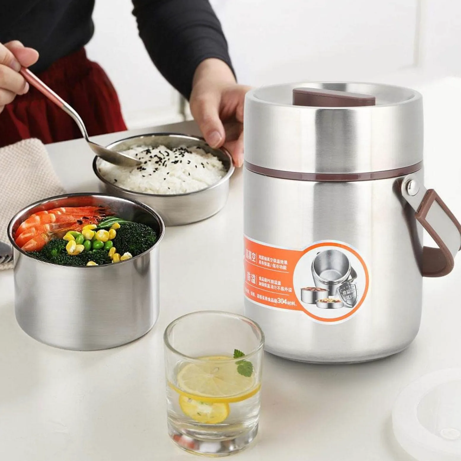 Thermique pour aliments et boissons chauds, boîte à lunch Récipient isotherme pour aliments Bocal sous vide Grande capacité en acier inoxydable Bento Flask Soup Garder au chaud Bouche large(1.6L)