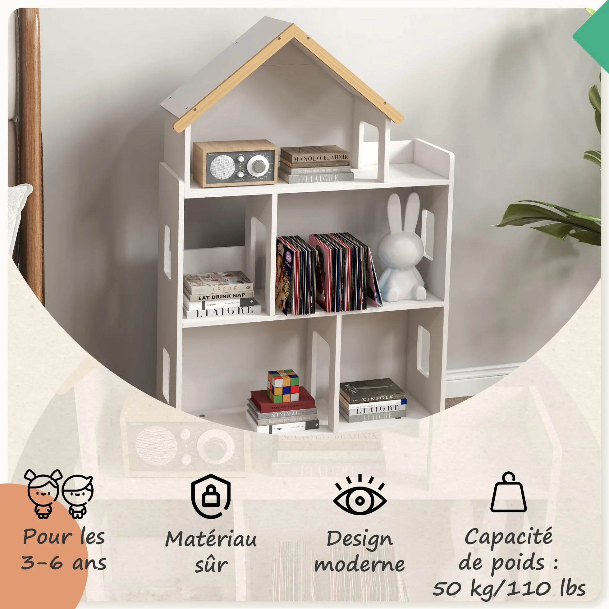 ZONEKIZ Étagère de Rangement pour Jouet Enfant et Livres Meuble de Rangement Forme de Maison - 3 Niveaux avec étagères - Bois Massif - 65 x 25 x 108,5 cm - Blanc et Naturel