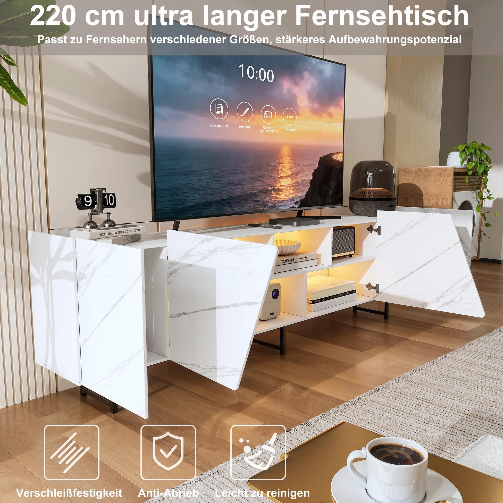 Meuble TV 220 cm avec éclairage LED RGB, Meuble TV Effet marbre avec 4 Portes et étagères Ouvertes, Meuble télévision Moderne avec Pieds en métal pour Salon