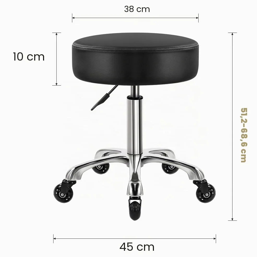 WKWKER Tabouret de beauté robuste sur roulettes avec siège pivotant réglable en cuir épais pour cuisine, bureau, laboratoire de dessin, massage - Noir