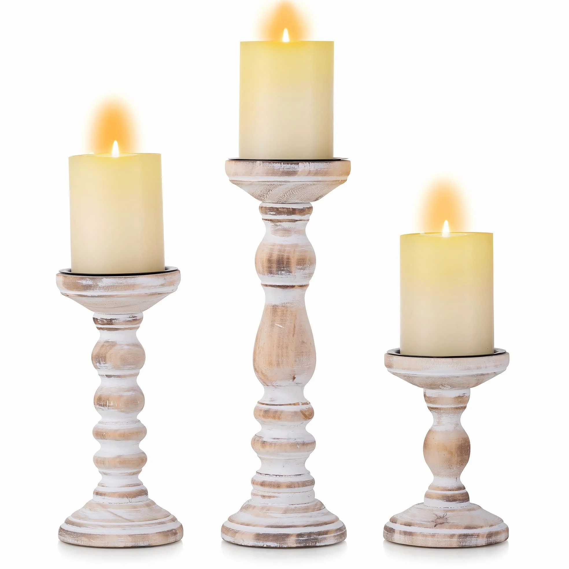 Rustique Bougeoirs en Bois Pilier - 3 Pcs Bougeoirs en Bois Bougeoir Pilier Ensemble Blanc Détresse Shabby Chic Photophores pour Centres de Table de Mariage Ferme Maison Décoration Chambre