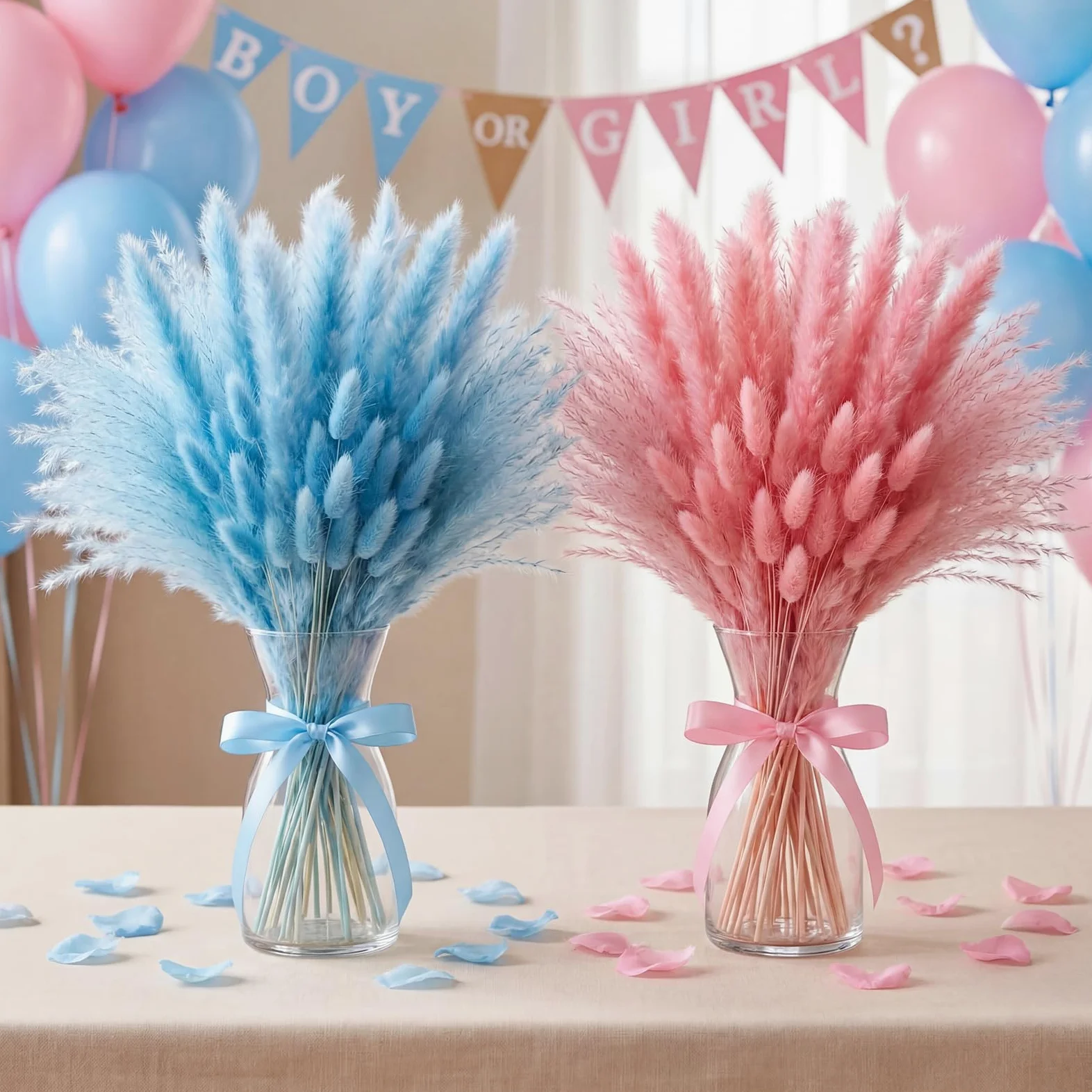 Hoteam Lot de 105 décorations de révélation du sexe rose bleu herbe de la pampa garçon ou fille | Décoration de fête prénatale « He or She » bohème - Herbe de la pampa - Fleurs séchées pour centres de table ou vase