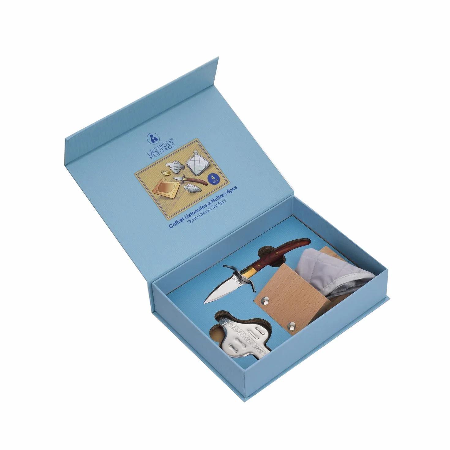 Coffret complet Set à huîtres - 4 Accessoires - Couteau à huîtres, Presse-citron, Bloc huîtres, Manique - Acier inoxydable, bois de palissandre - Coffret cadeau