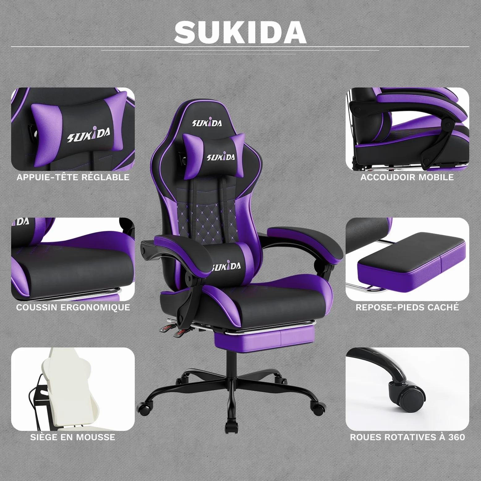 SUKIDA Chaise de Jeu, Chaise d'ordinateur Ergonomique avec Repose-Pieds, Chaise de Bureau Confortable avec appuie-tête, Chaise de Jeu Massage pour Adulte, Chaise d'ordinateur réglable en Hauteur