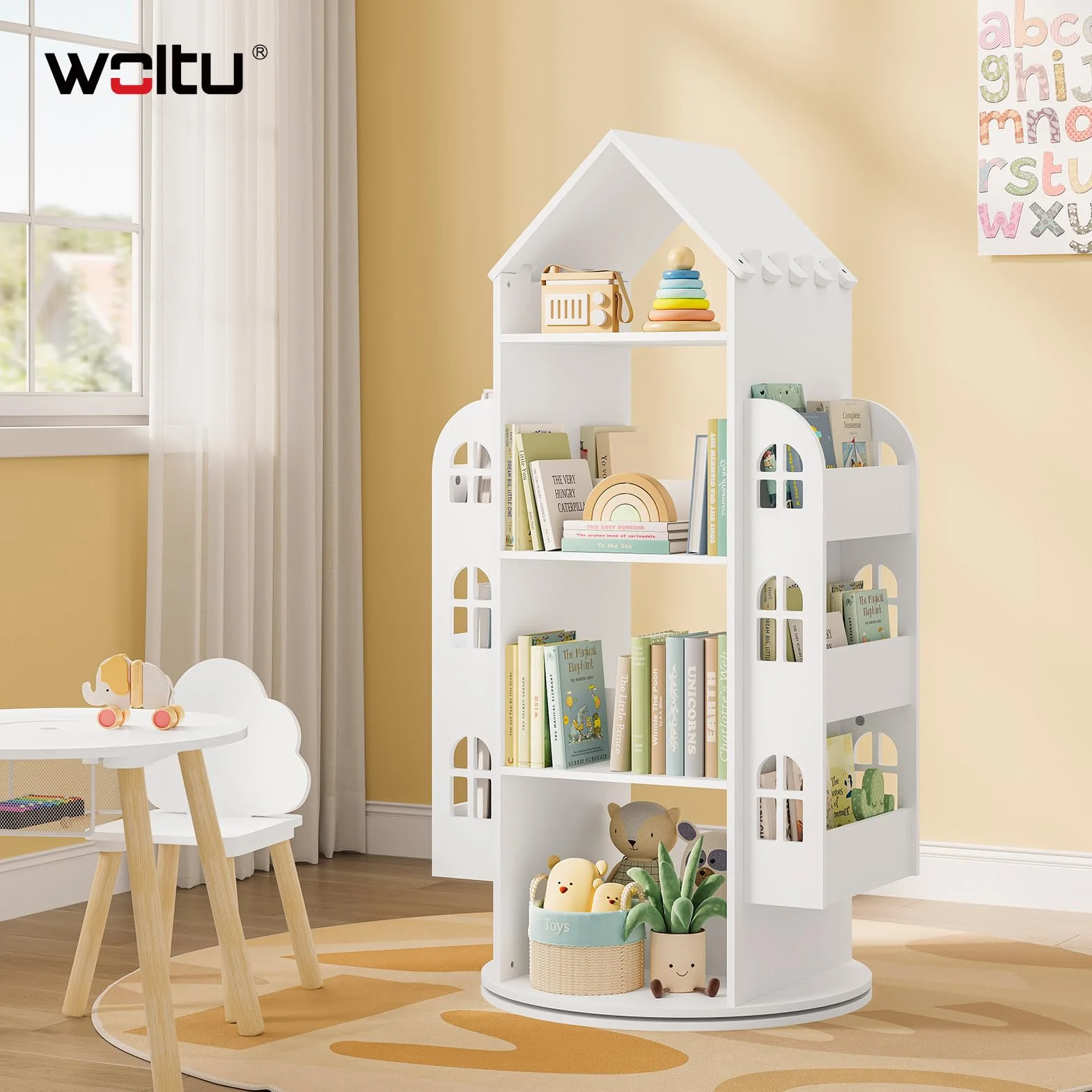 WOLTU Bibliothèque pour Enfants, Étagère Rotative à 4 Niveaux, Meuble de Rangement pour Jouets avec 13 Compartiments, Bibliothèque Blanche en Forme de Maison, 63x59x125cm