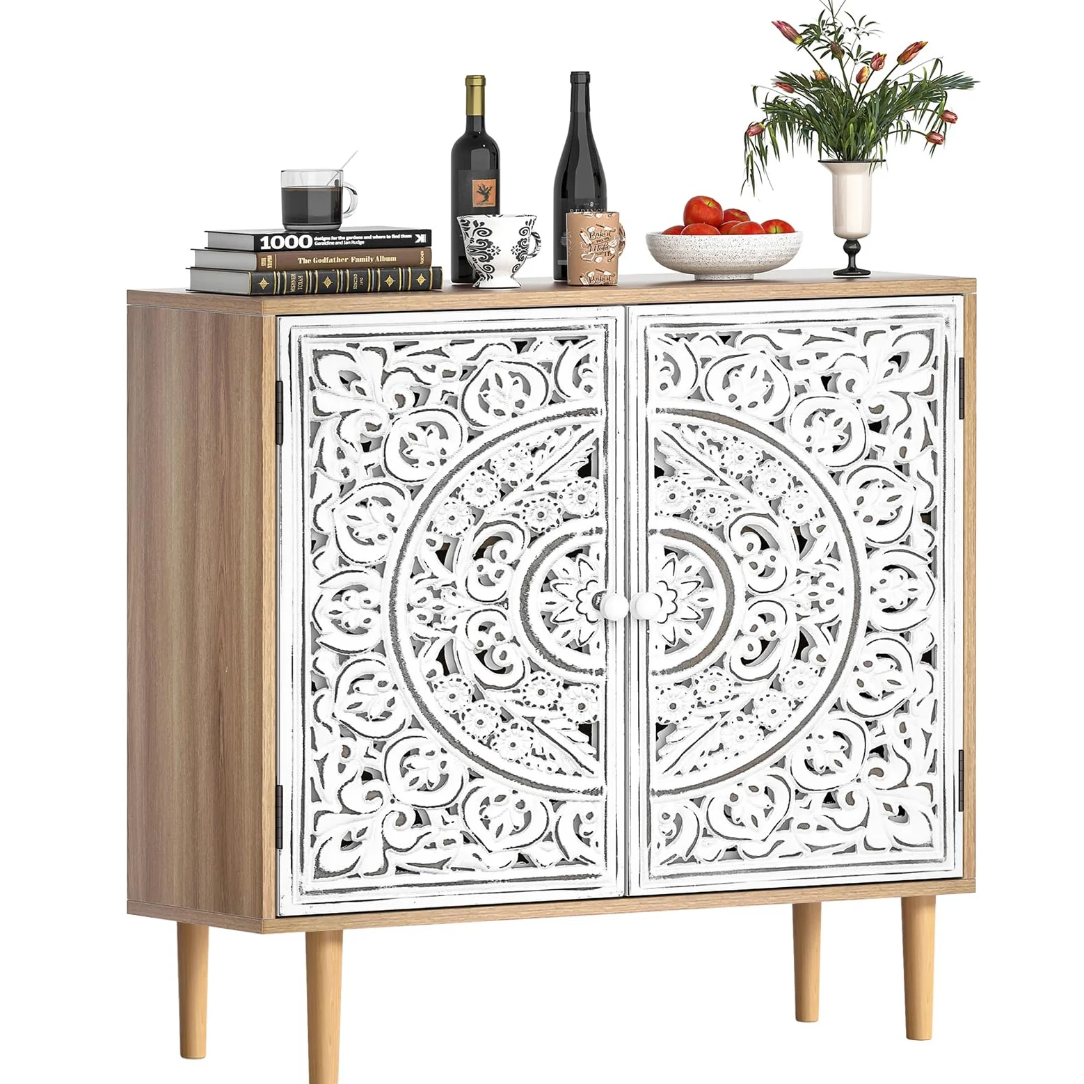 Buffet Bois Sculpté, Meuble de Rangement Cuisine Bas, Meuble Bas avec Pieds en Bois Massif, Étagères Réglables, Armoire de Rangement pour Salon, Cuisine, Chambre, Blanc
