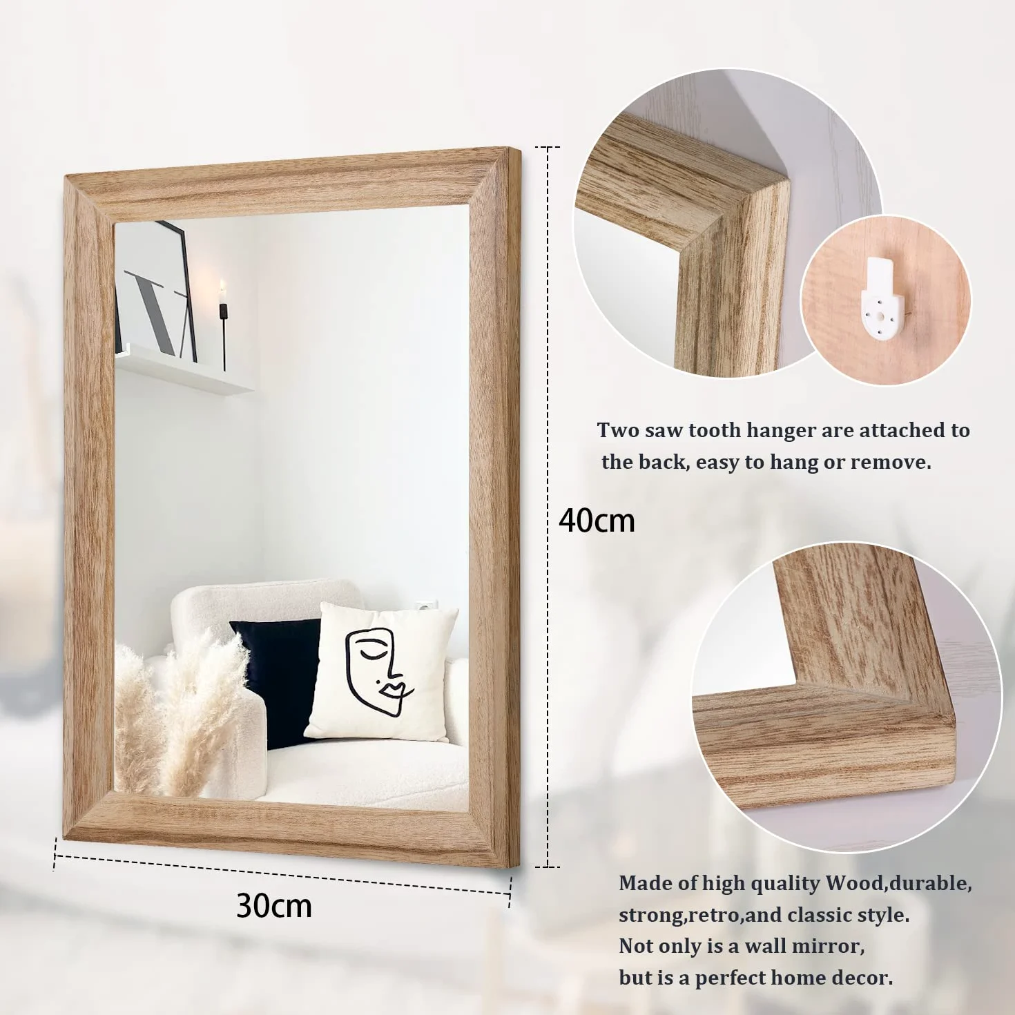 AAZZKANG Montage Mural Miroir Mural Rustique rectangulaire avec Cadre en Bois pour Ferme, Chambre à Coucher, Salle de Bain, 40 x 30 cm
