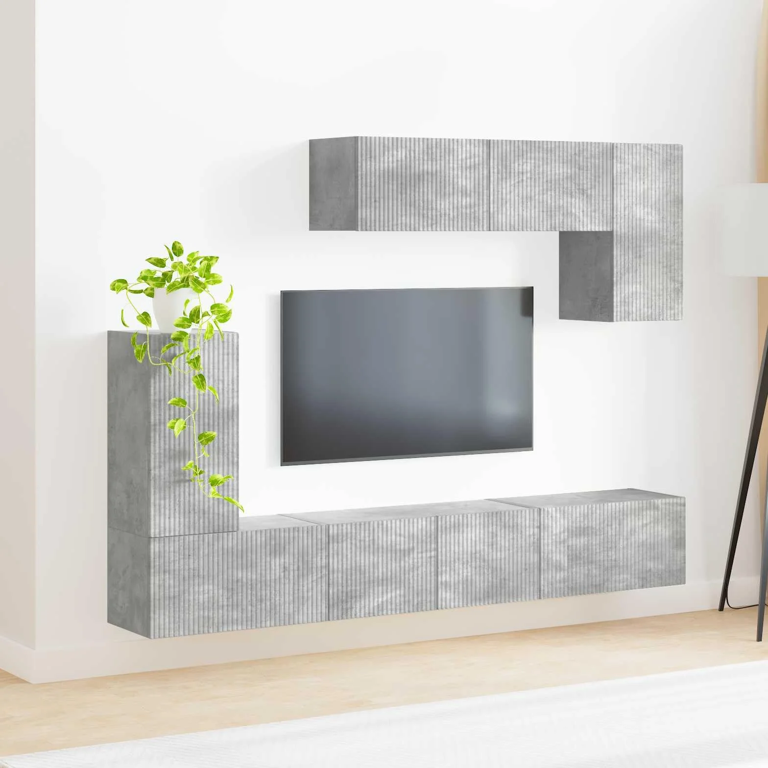 Ensemble Meuble TV 4 pièces Gris béton en Bois d'ingénierie, Montage Mural avec étagères, tiroirs et Portes, Rangement pour Salon séjour multimédia, Console et Support Audio vidéo