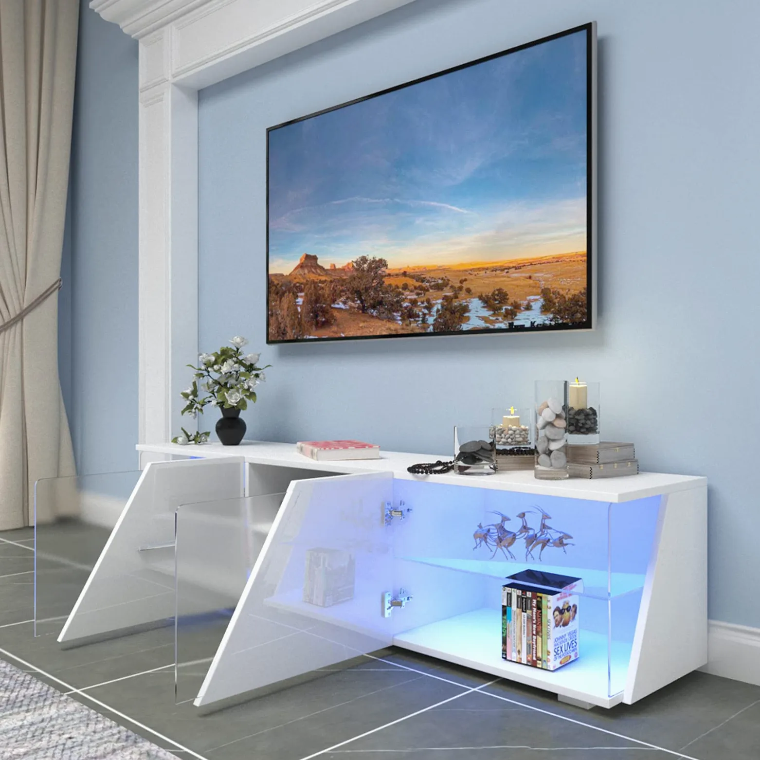 Dripex Meuble TV Bas Blanc Brillant avec éclairage LED 150 x 37 x 35 cm