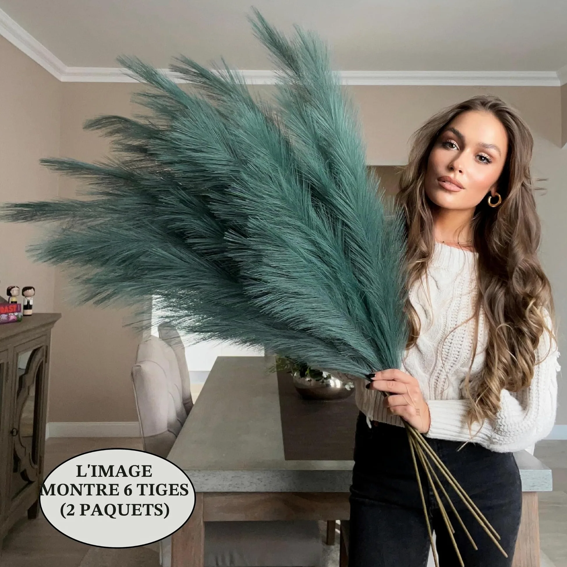 Herbe artificielle de pampa extra large haute vert lac grand moelleux x3 tiges 115 cm x18 plumes décoratives artificielles flore pour pots de sol fleurs plantes hautes herbe longue