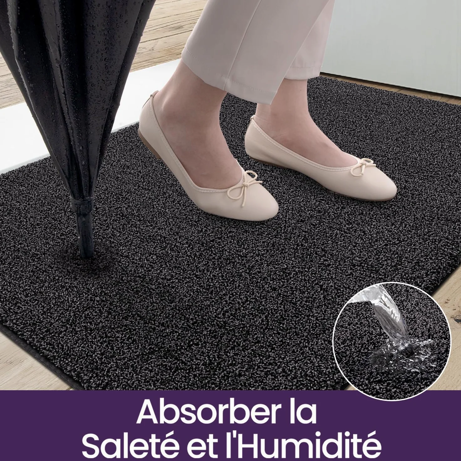 DEXI Paillasson Interieur Entree 60 x 90 cm, Tapis d'Entrée Antidérapant Lavable en Machine, Tapis de Sol avec Microfibres Douces Absorbantes pour Entrée, Couloir, Chien, Noir-Gris
