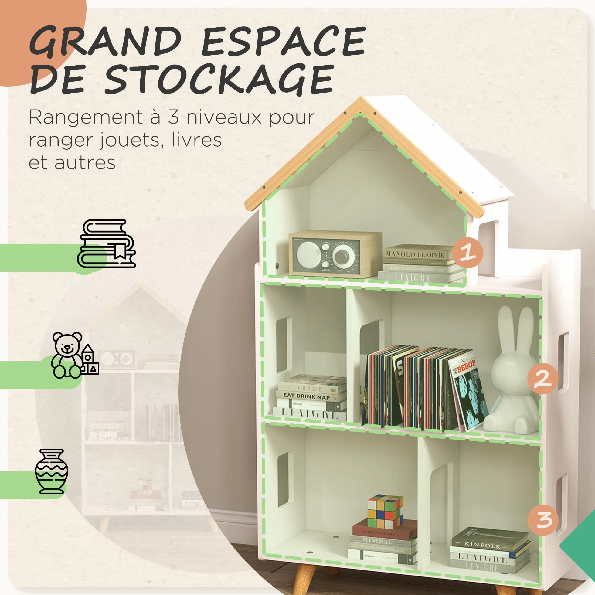 ZONEKIZ Étagère de Rangement pour Jouet Enfant et Livres Meuble de Rangement Forme de Maison - 3 Niveaux avec étagères - Bois Massif - 65 x 25 x 108,5 cm - Blanc et Naturel