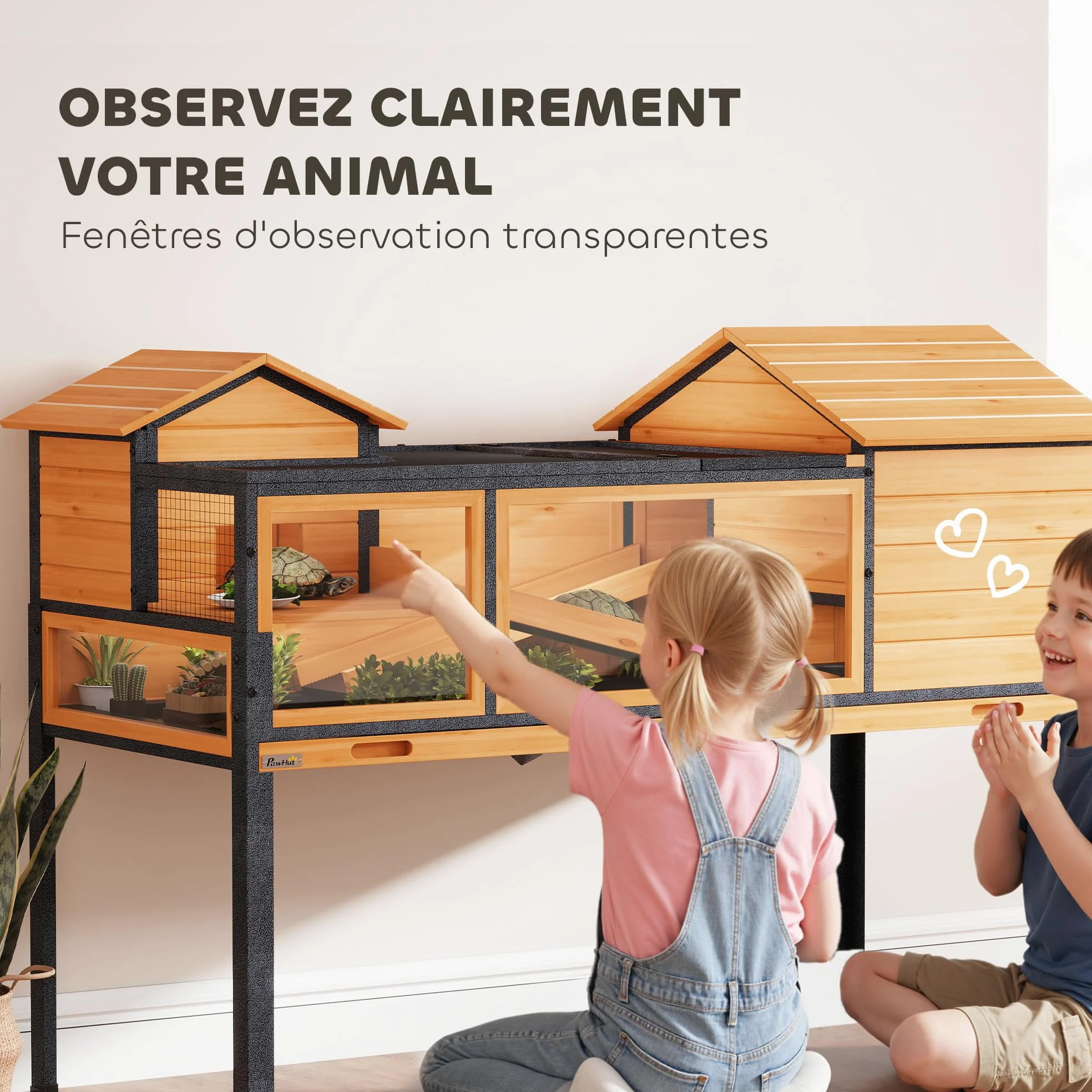 PawHut Maison pour Tortues, Habitat en Bois à 2 étages avec 2 Chambres, enclos intérieur extérieur avec rampes, Toit ouvrable et Plateau, Grande Cage pour Reptiles, 128x63x96cm, Jaune