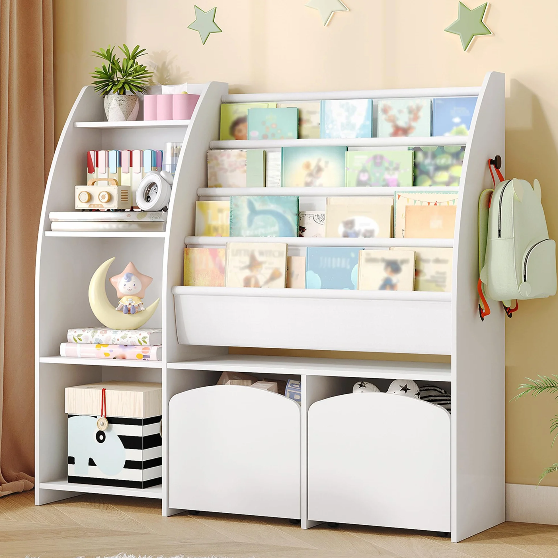 Hzuaneri Bibliothèque Enfant avec Porte-journaux, Meuble Rangement Enfant, Étagère à Jouets avec 2 colonnes, 4 étagères, 30 x 105 x 100 cm, Blanc KB12003W