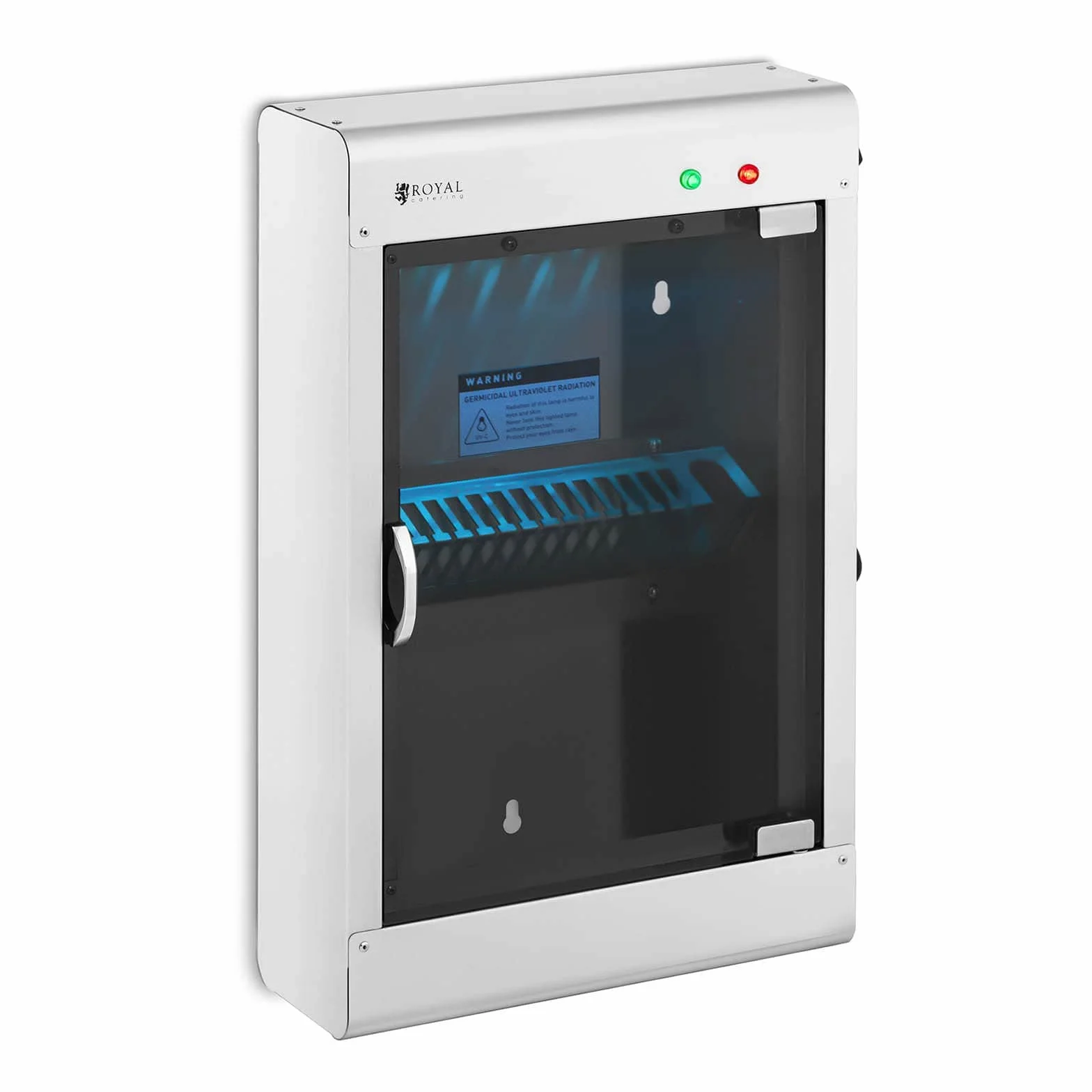 Royal Catering Stérilisateur UV Pour Couteaux Armoire De stérilisation Ultraviolet Lumière Ultraviolette RC-KSSS201 (Pour 14 Couteaux, 8 W, Boitier en Inox, Porte en Verre Acrylique, Minuterie 60 min)