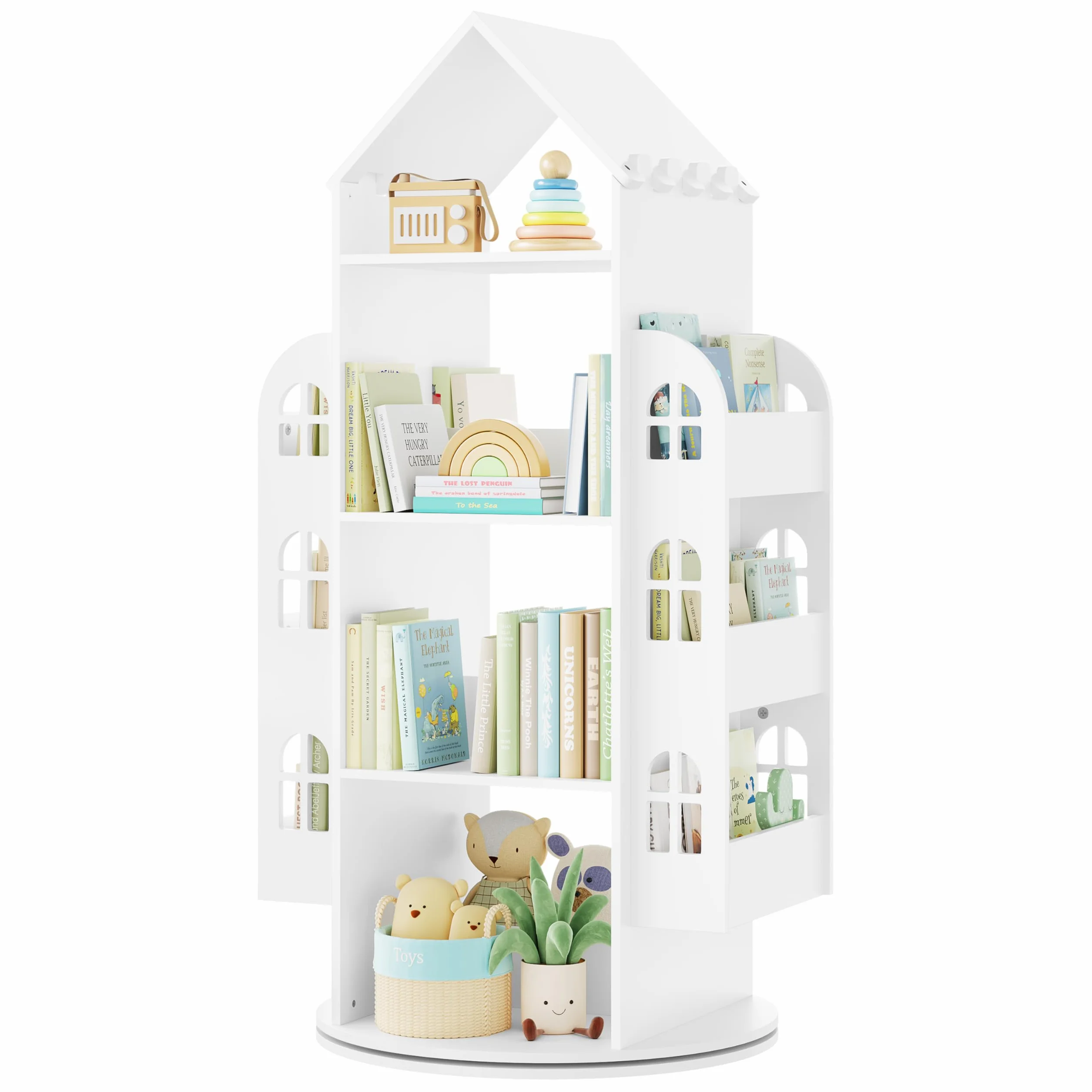 WOLTU Bibliothèque pour Enfants, Étagère Rotative à 4 Niveaux, Meuble de Rangement pour Jouets avec 13 Compartiments, Bibliothèque Blanche en Forme de Maison, 63x59x125cm