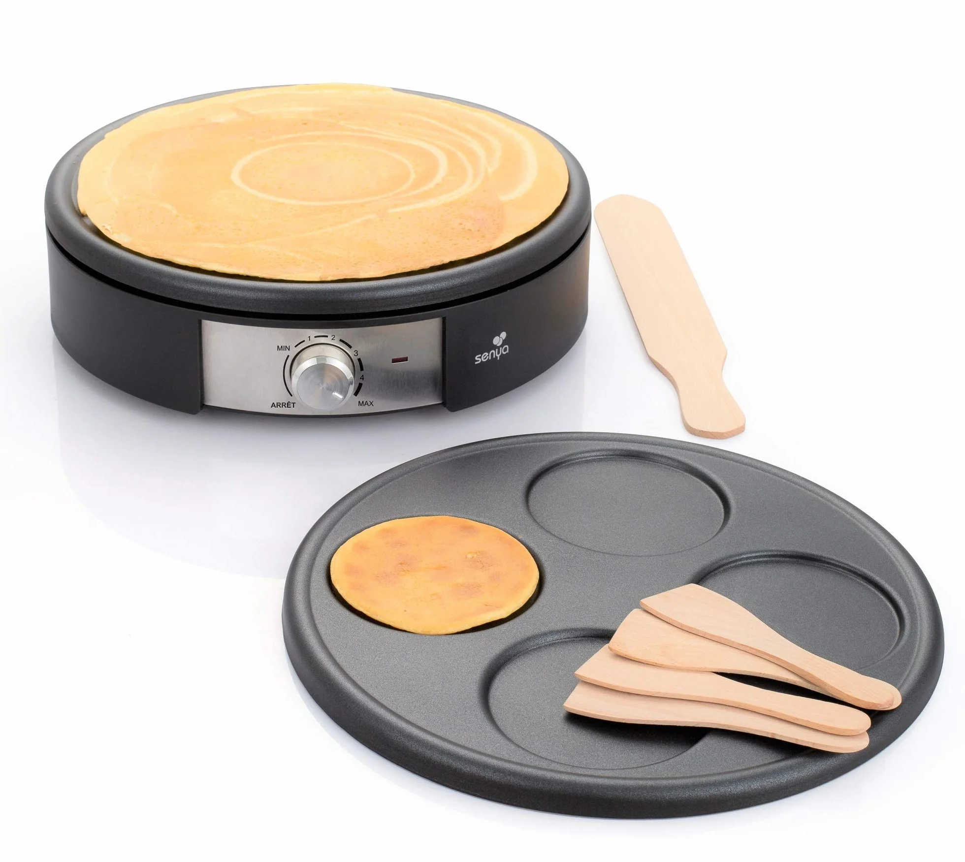 SENYA Crêpière Électrique 2 en 1 : 2 Plaques Interchangeables (Crêpe 30 cm ou 4 Mini Crêpes) – 1500W cuisson rapide – Appareil Crêpes Party – Thermostat Réglable – Revêtement Antiadhésif Sans PFOA