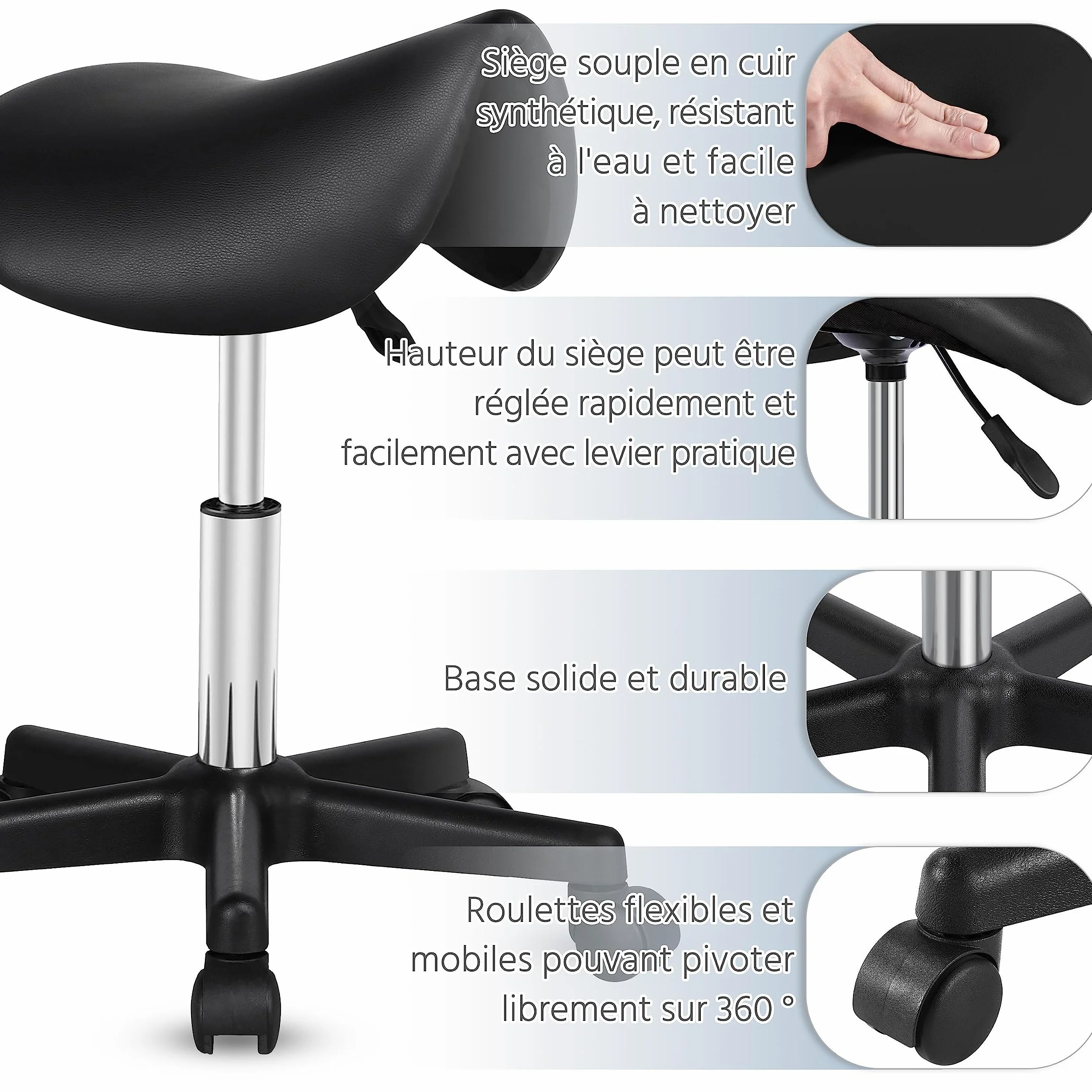 Yaheetech Tabouret roulettes Professionnel PU Tabouret Ergonomique Selle De Cheval Anti Mal De Dos à roulettes Pivotantes Hauteur Réglable 45,5-60 cm Noir