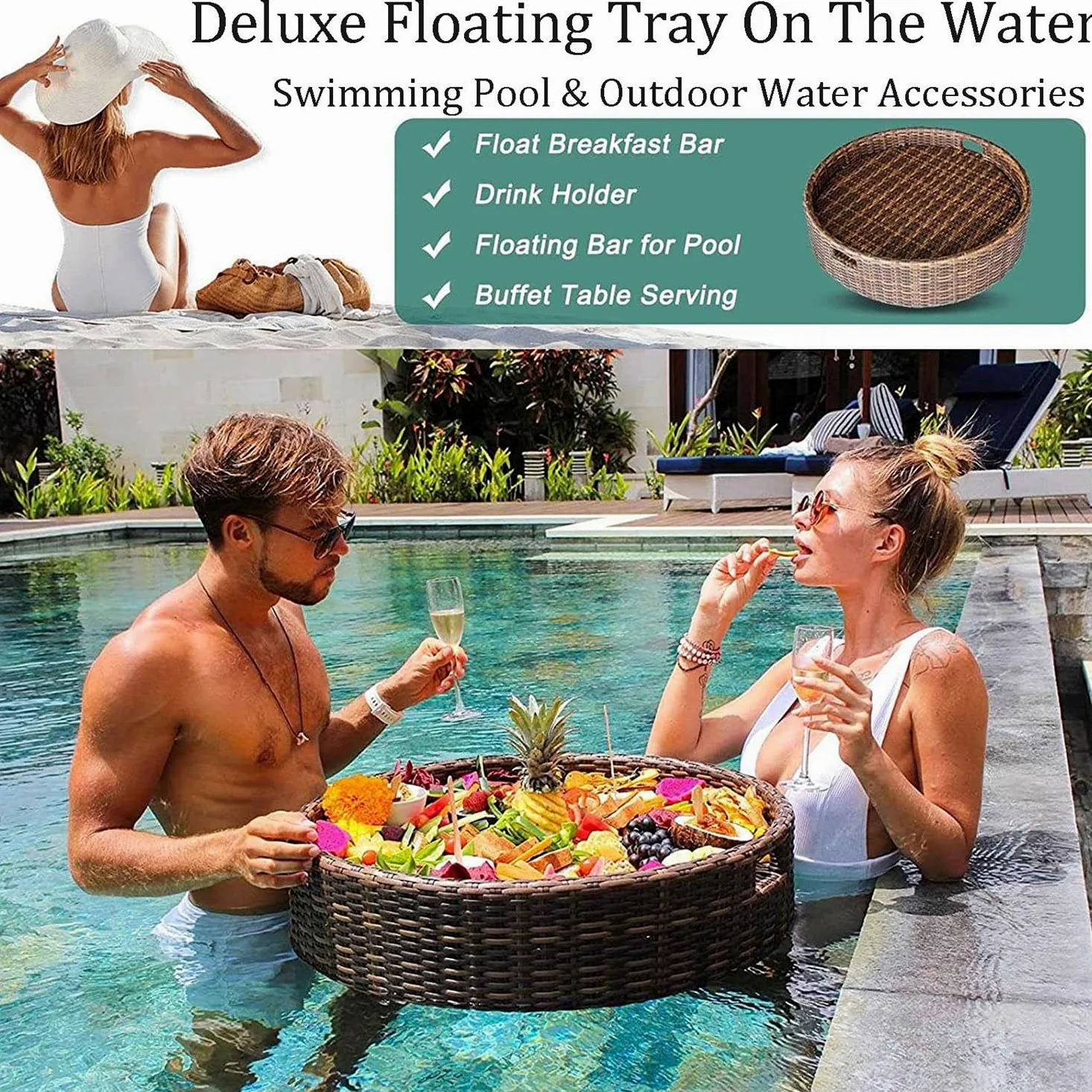 Plateau Flottant d'eau, Plateaux flottants de Piscine, Plateau d'eau Flottant Rond tissé en rotin, Plateau de Service tissé en rotin PE, pour Piscine, Barres de Sable, spas, abricot-60 cm