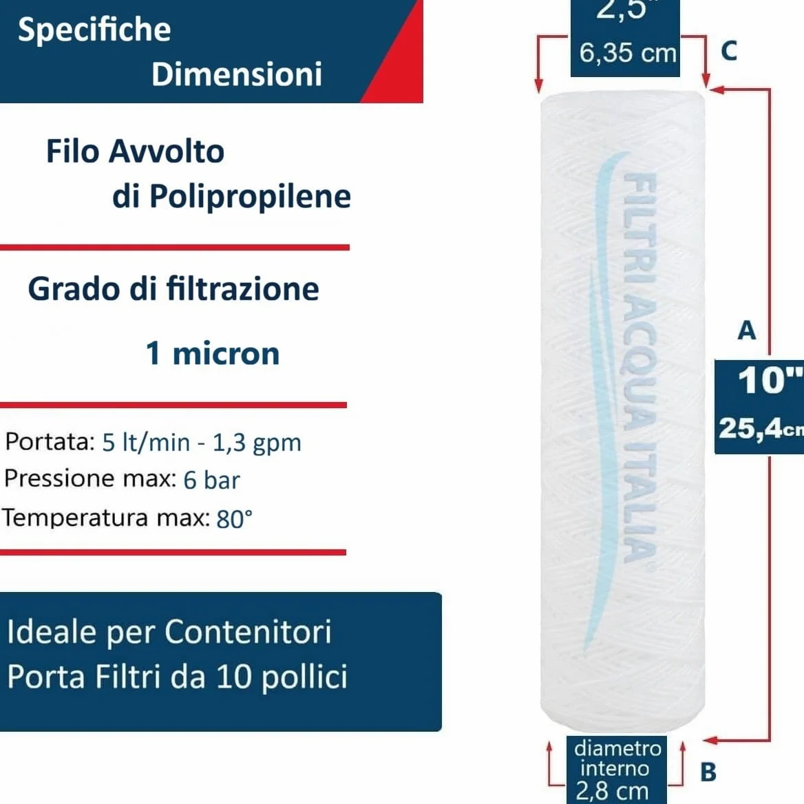 Filtri Acqua Italia Lot de 6 cartouches de filtre à fil enroulé 10 pouces micron, 1 polypropylène sédiments