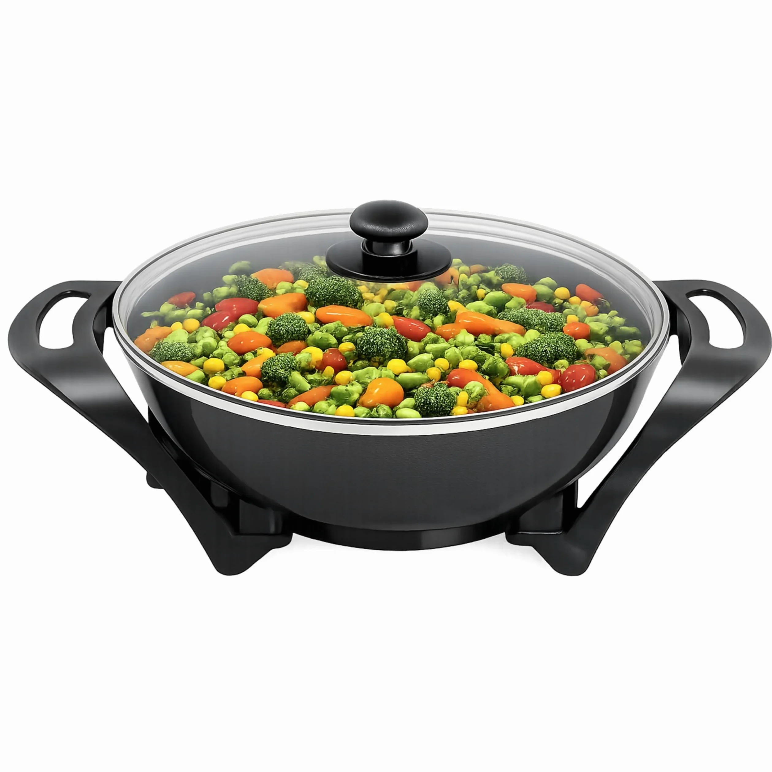 BEPER P101COS100 Wok électrique 33 cm, 1500 W, revêtement antiadhésif en céramique, thermostat réglable, 5 litres, couvercle en verre, idéal pour sauter, frire et mijoter.