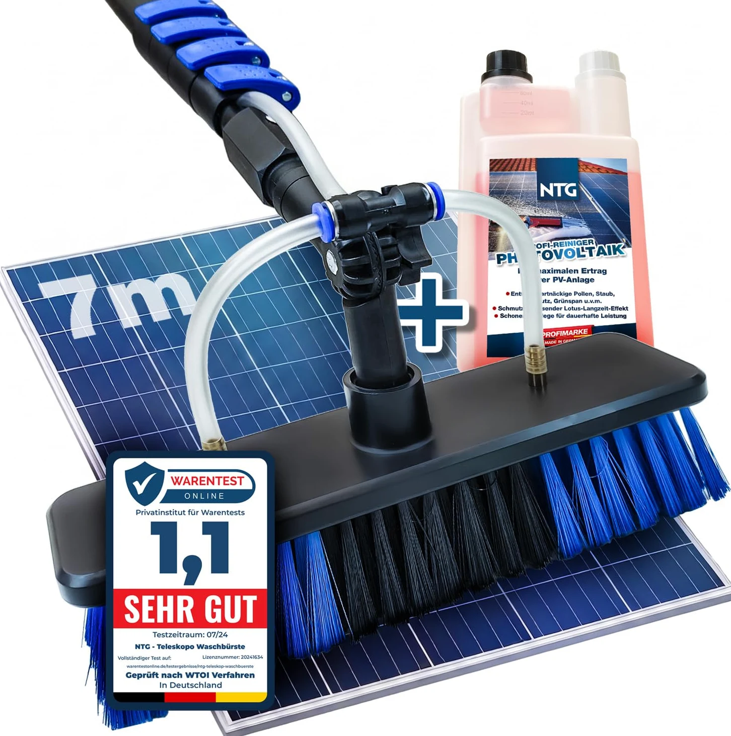 Brosse de Lavage télescopique NTG pour Le Nettoyage des installations solaires et des fenêtres| Version 4,6 mètres ou 7 mètres | avec raccordement à l'eau et Distributeur de Savon