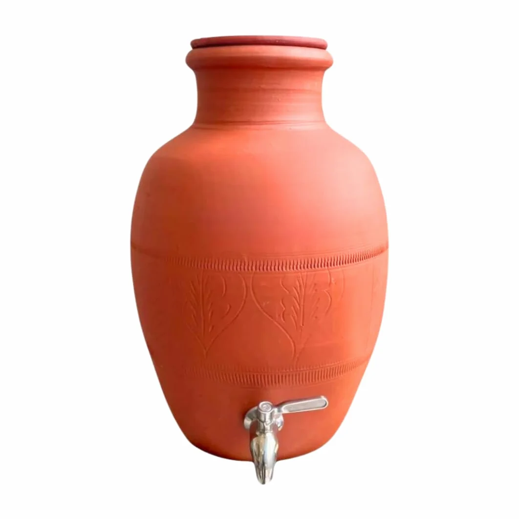Pot d'eau fait main en terre cuite Rajasthani en acier inoxydable | Distributeur de terre 100 % écologique | Mitti ka Matka – 8 litres