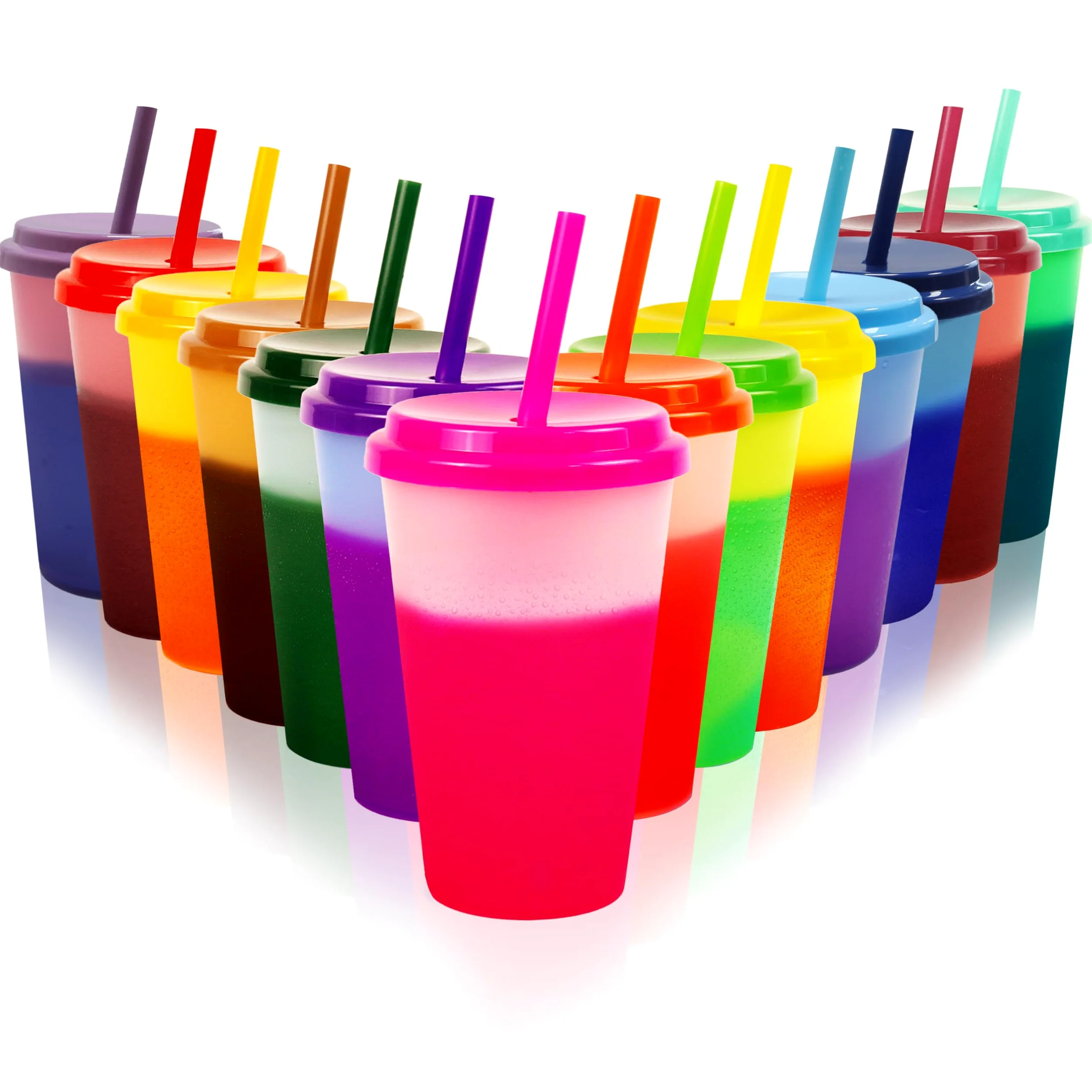 Patinao Lot de 14 gobelets avec paille et couvercle – 350 ml – Gobelets à changement de couleur réutilisables en plastique pour enfants – Tasse de voyage, tumbler, café glacé, boisson froide,