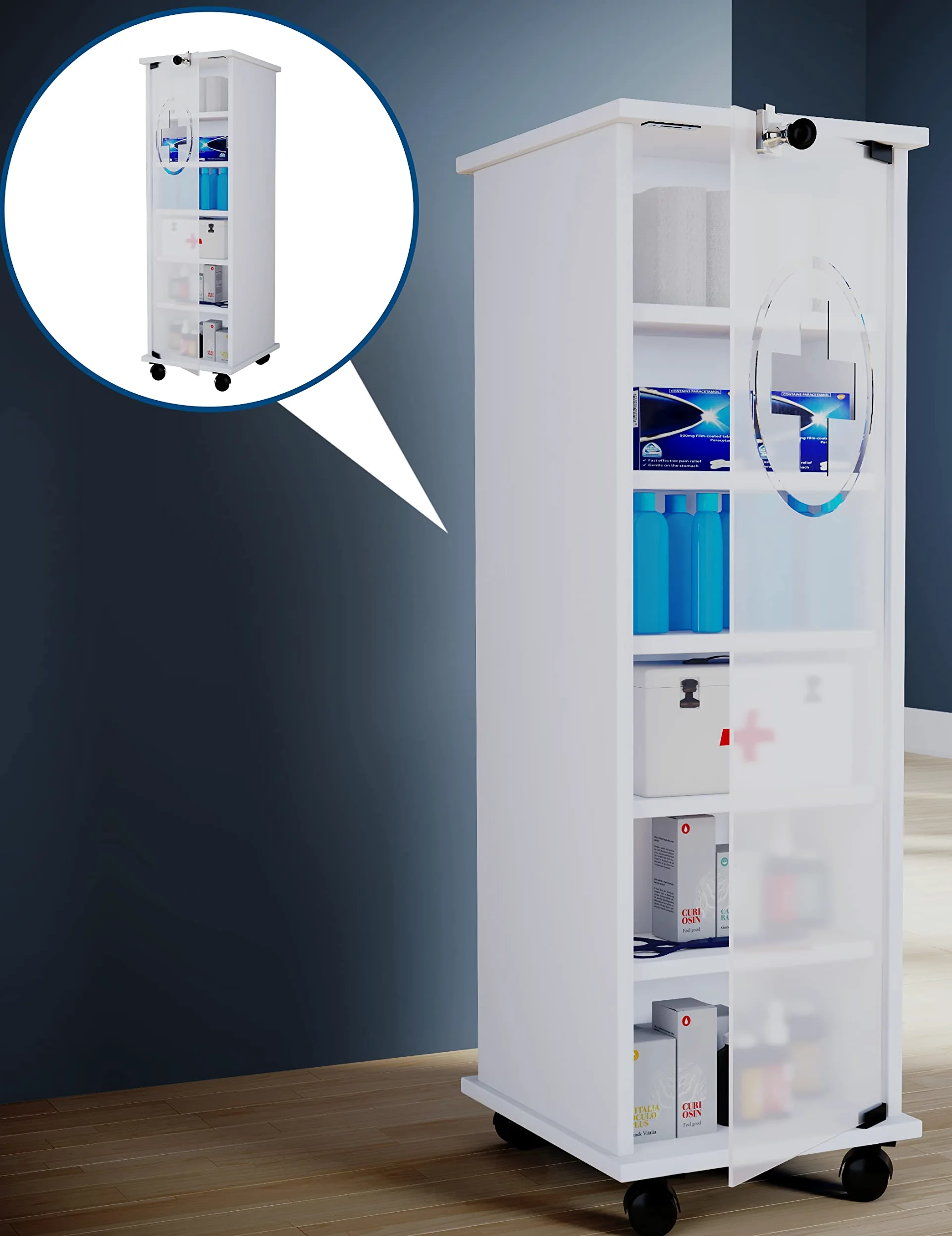 VCM Armoire à Pharmacie à Roulettes, Verrouillable Nilusa Blanc, 98 x 31 x 35 cm