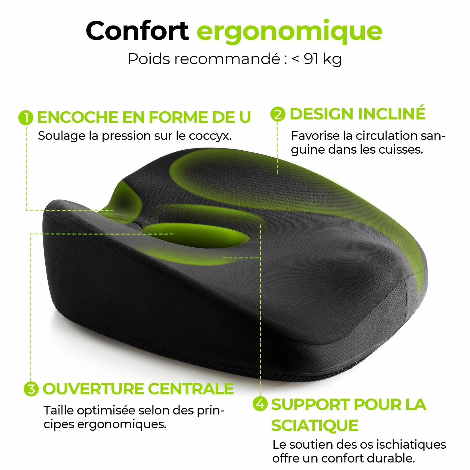 AUVON Coussin Chaise, Coccyx orthopédique, Chaise Bureau Ergonomique mémoire de Forme en U pour soulager Les hémorroïdes et la sciatique, Voiture, Fauteuil Roulant et Grossesse