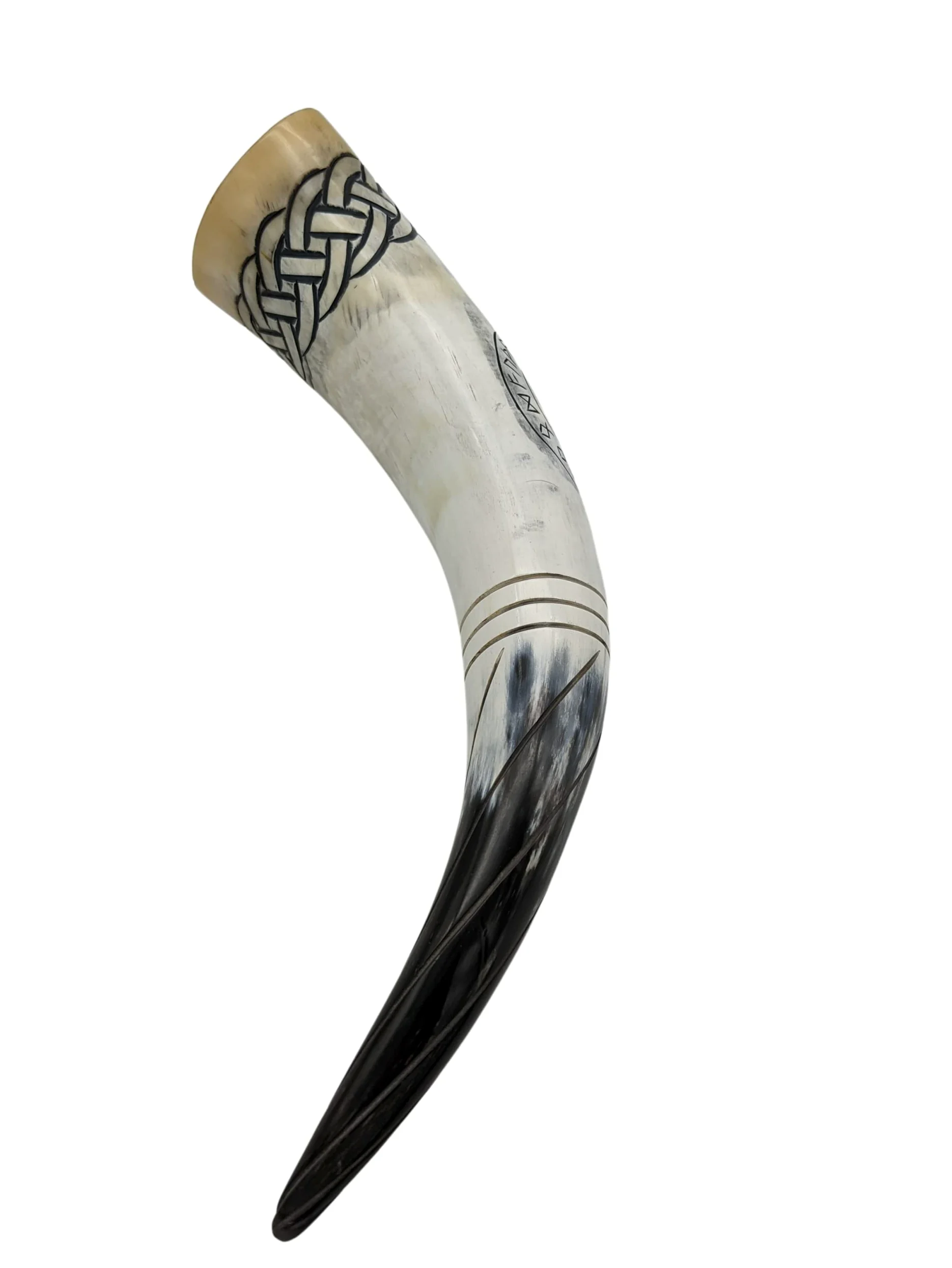 Corne à boire de Thor, 500 ml, Médiévale, Gravures nordiques, Mjölnir et nœuds nordiques, Kit Viking avec support et porte-ceinture en cuir